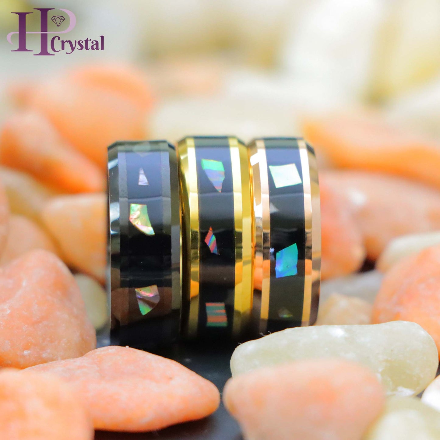 Yellow Gold IP/Black IP/Rose Gold IP Plated Abalone Shell Fragments Inlay Tungsten Ring