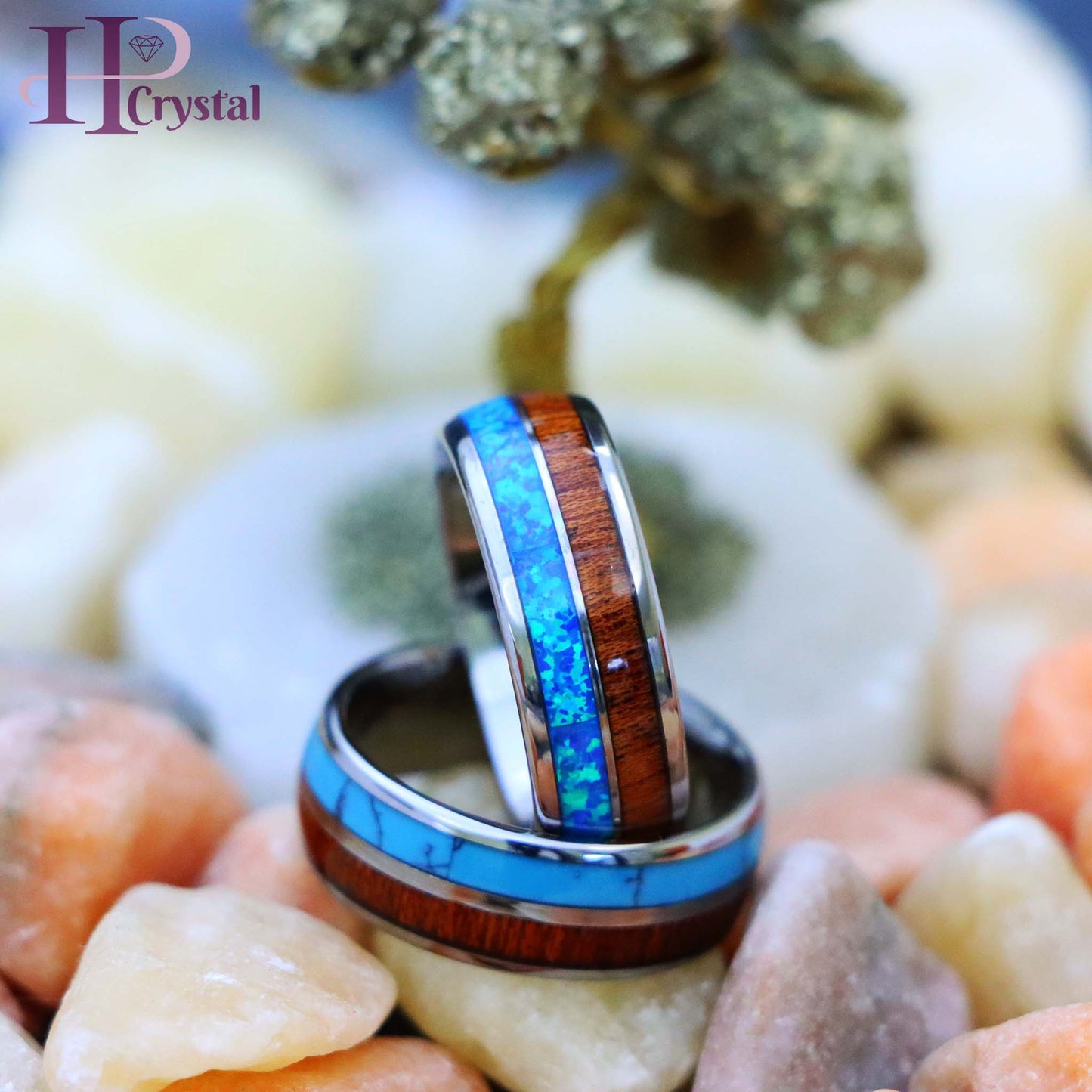 Koa Wood & Synthetic Opal/Turquoise Inlay Domed Tungsten Ring
