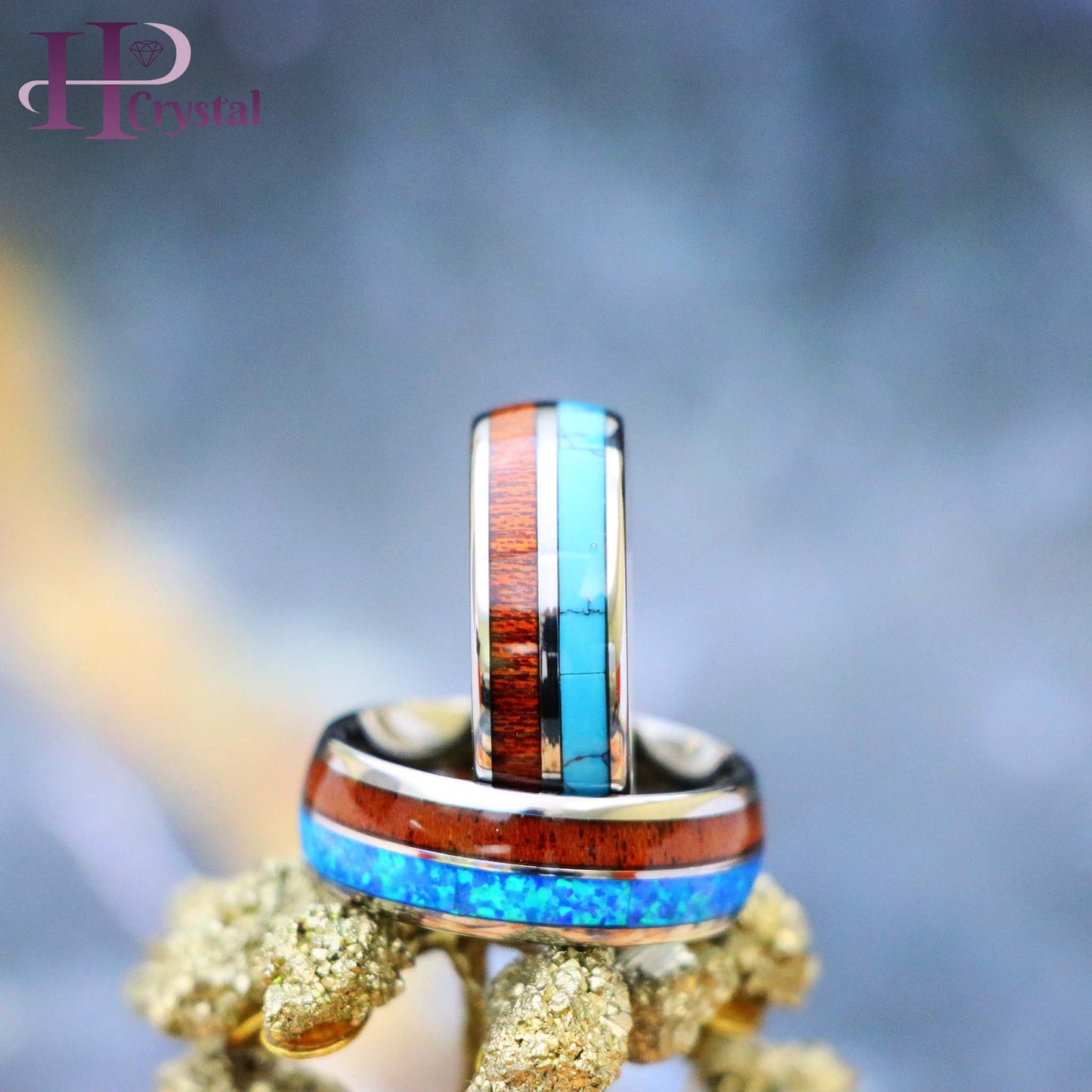 Koa Wood & Synthetic Opal/Turquoise Inlay Domed Tungsten Ring