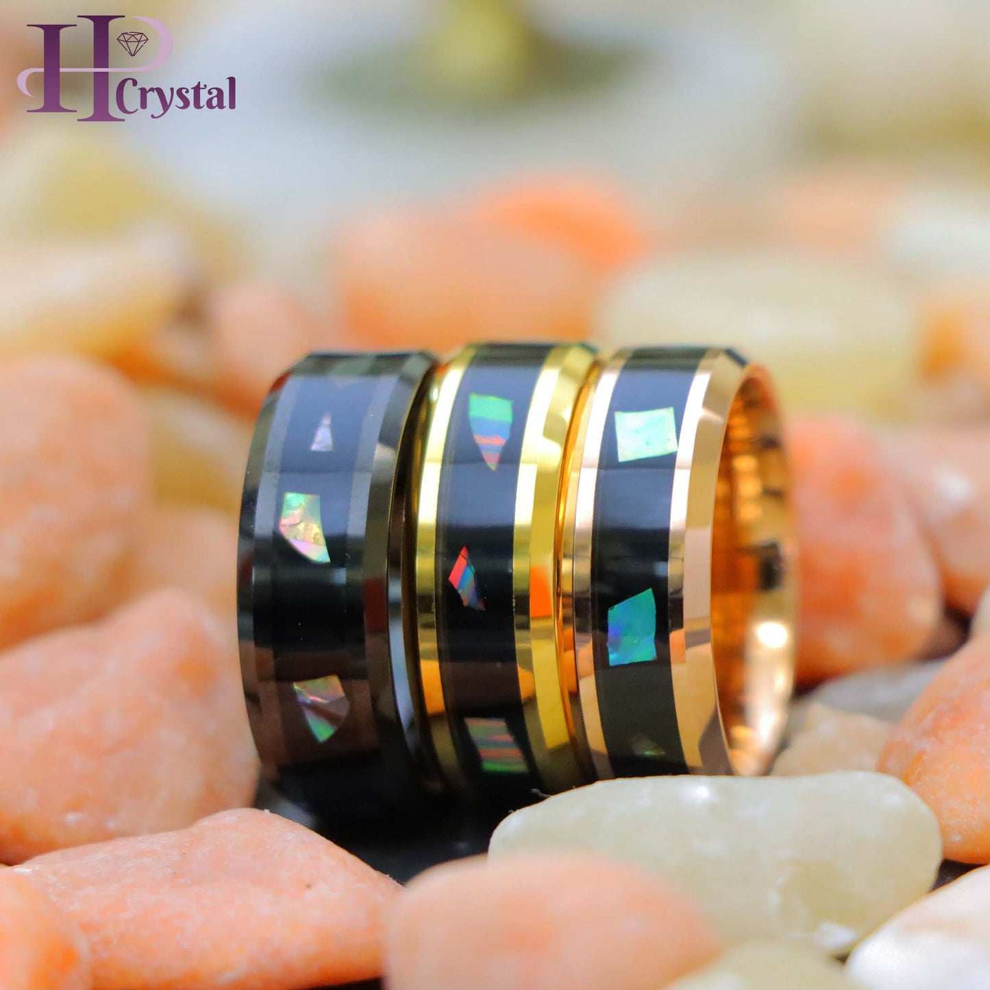 Yellow Gold IP/Black IP/Rose Gold IP Plated Abalone Shell Fragments Inlay Tungsten Ring