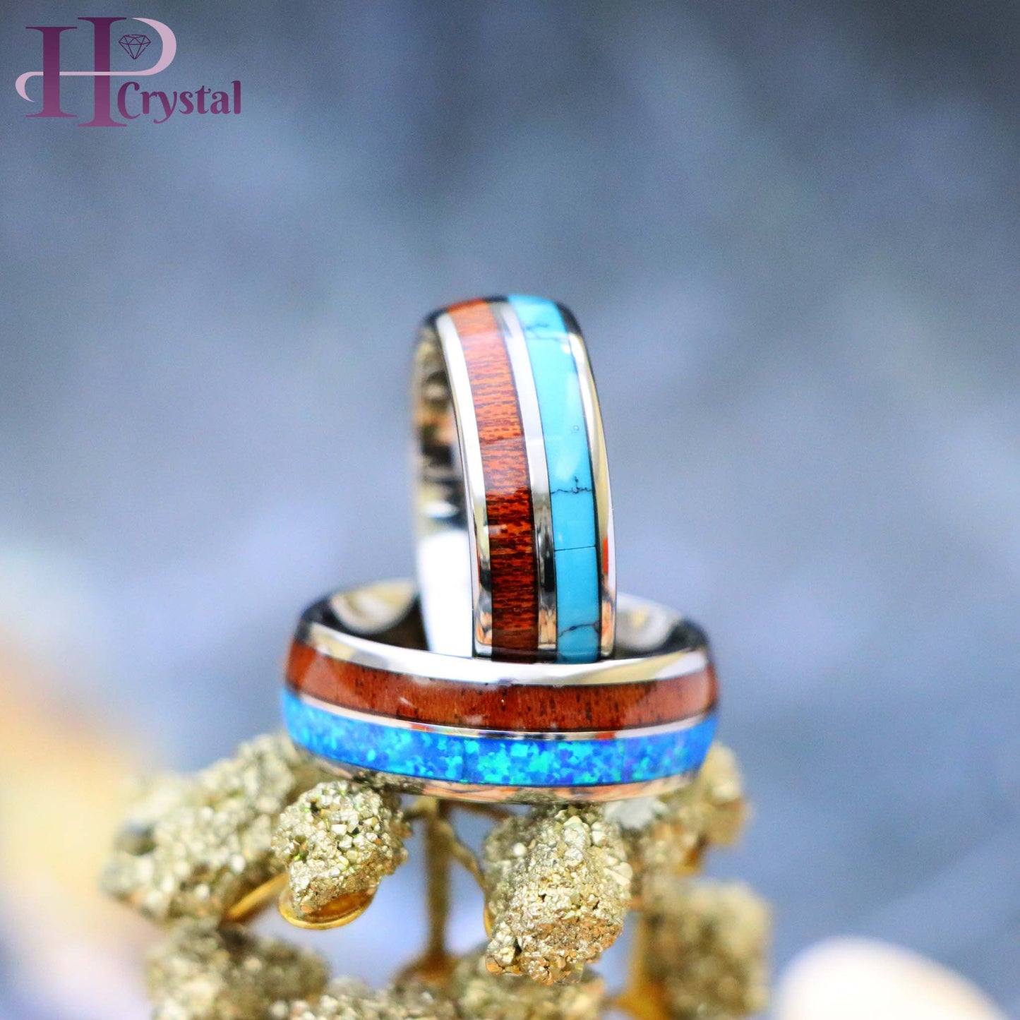 Koa Wood & Synthetic Opal/Turquoise Inlay Domed Tungsten Ring