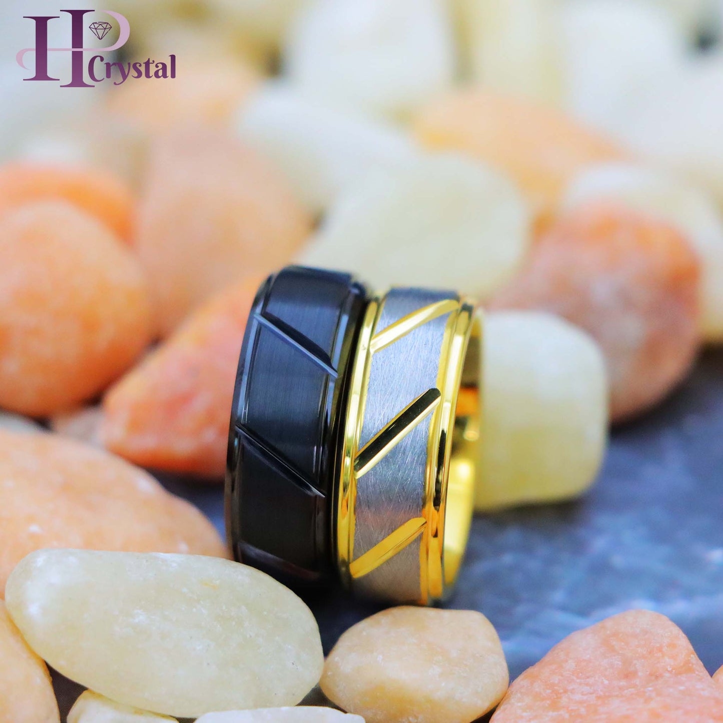 Black IP Plated Multiple Diagonal Grooves Brushed Center/Two-tone Gray & Yellow IP Plated Notched Tungsten Ring