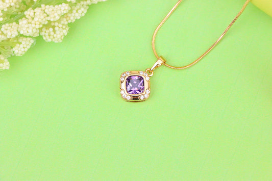 Purple Cushion Stone Pendant in Gold Plated Brass with Crystal Halo, XPPT1770 (2152-7)