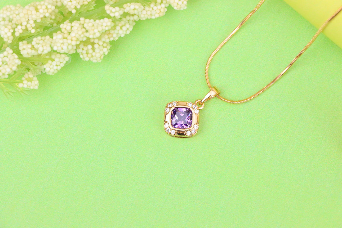 Purple Cushion Stone Pendant in Gold Plated Brass with Crystal Halo, XPPT1770 (2152-7)