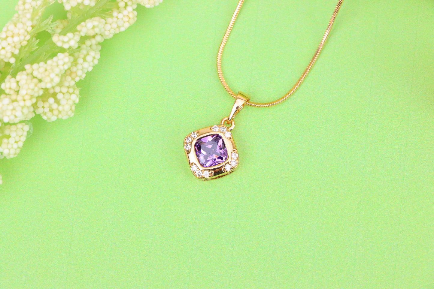 Purple Cushion Stone Pendant in Gold Plated Brass with Crystal Halo, XPPT1770 (2152-7)