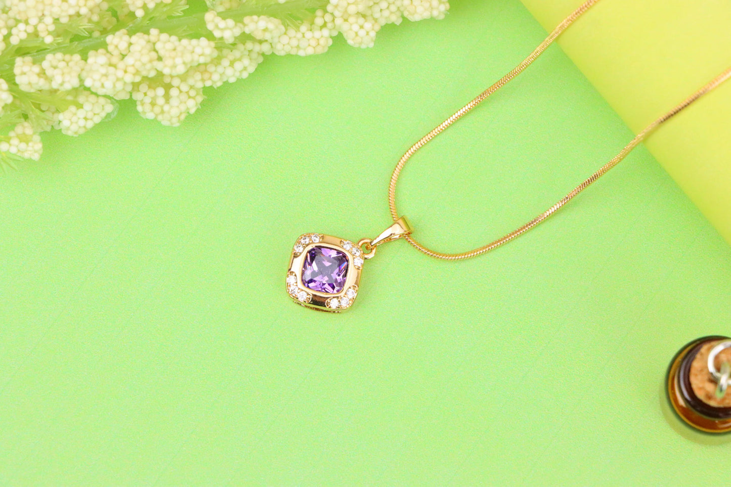 Purple Cushion Stone Pendant in Gold Plated Brass with Crystal Halo, XPPT1770 (2152-7)