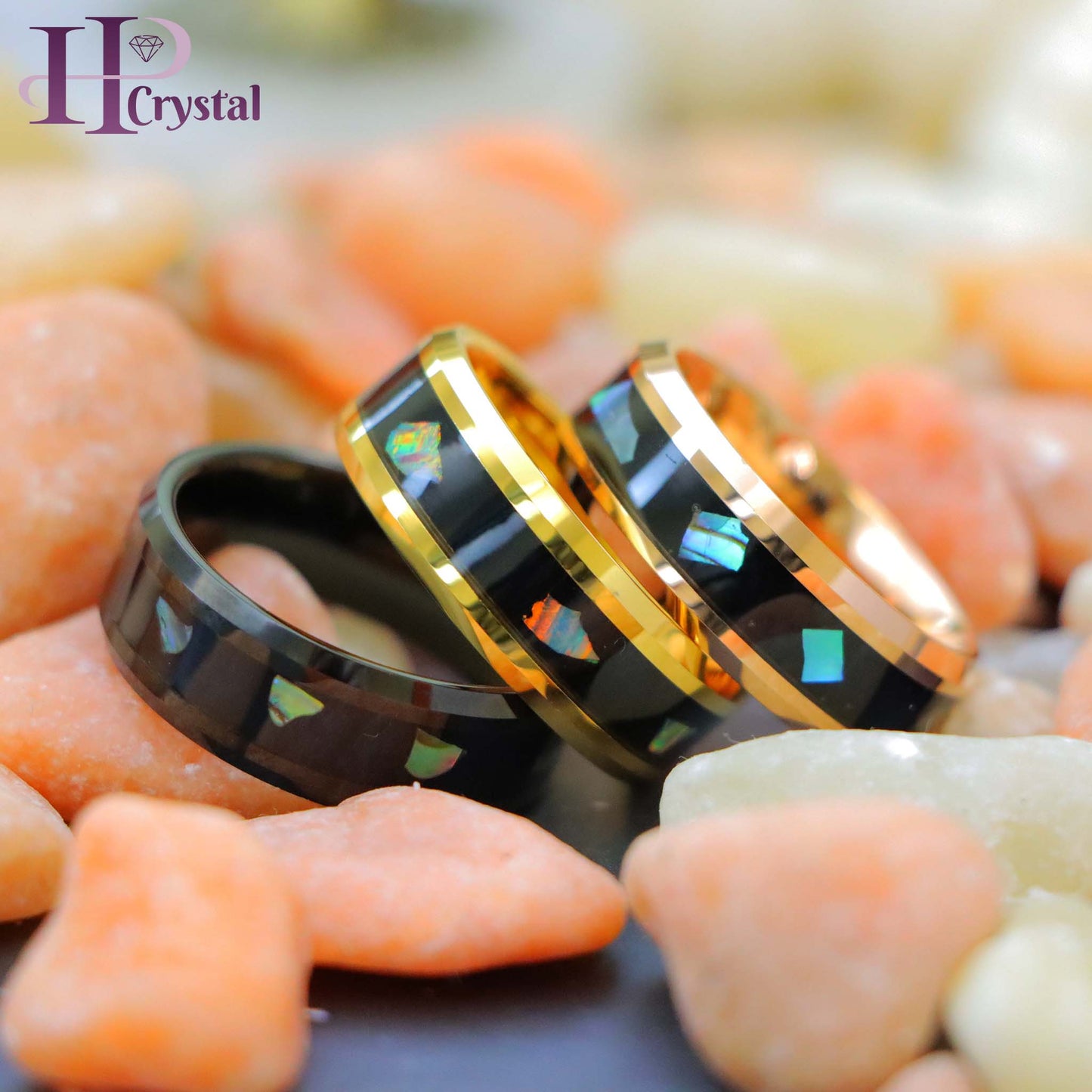 Yellow Gold IP/Black IP/Rose Gold IP Plated Abalone Shell Fragments Inlay Tungsten Ring