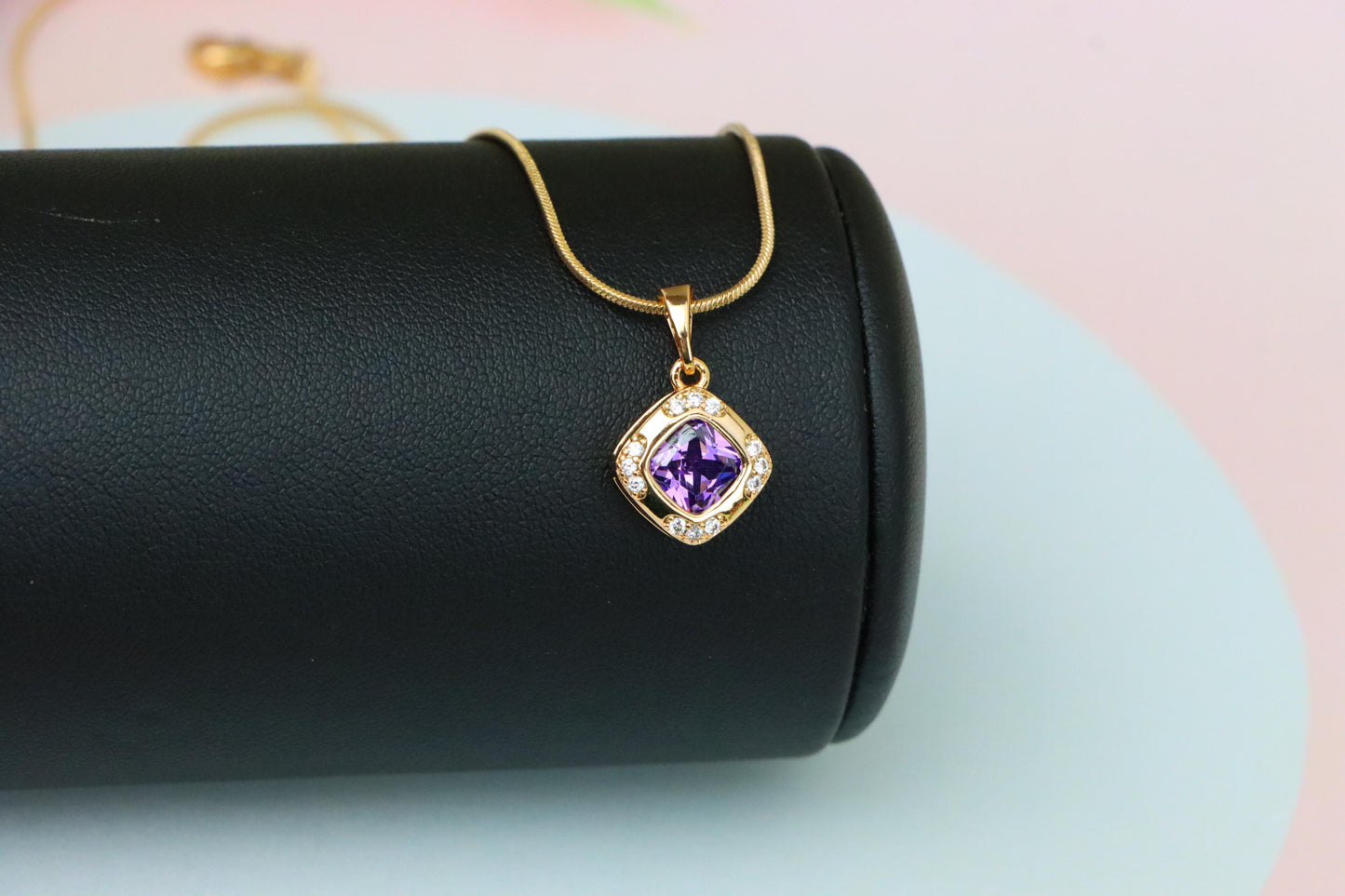 Purple Cushion Stone Pendant in Gold Plated Brass with Crystal Halo, XPPT1770 (2152-7)