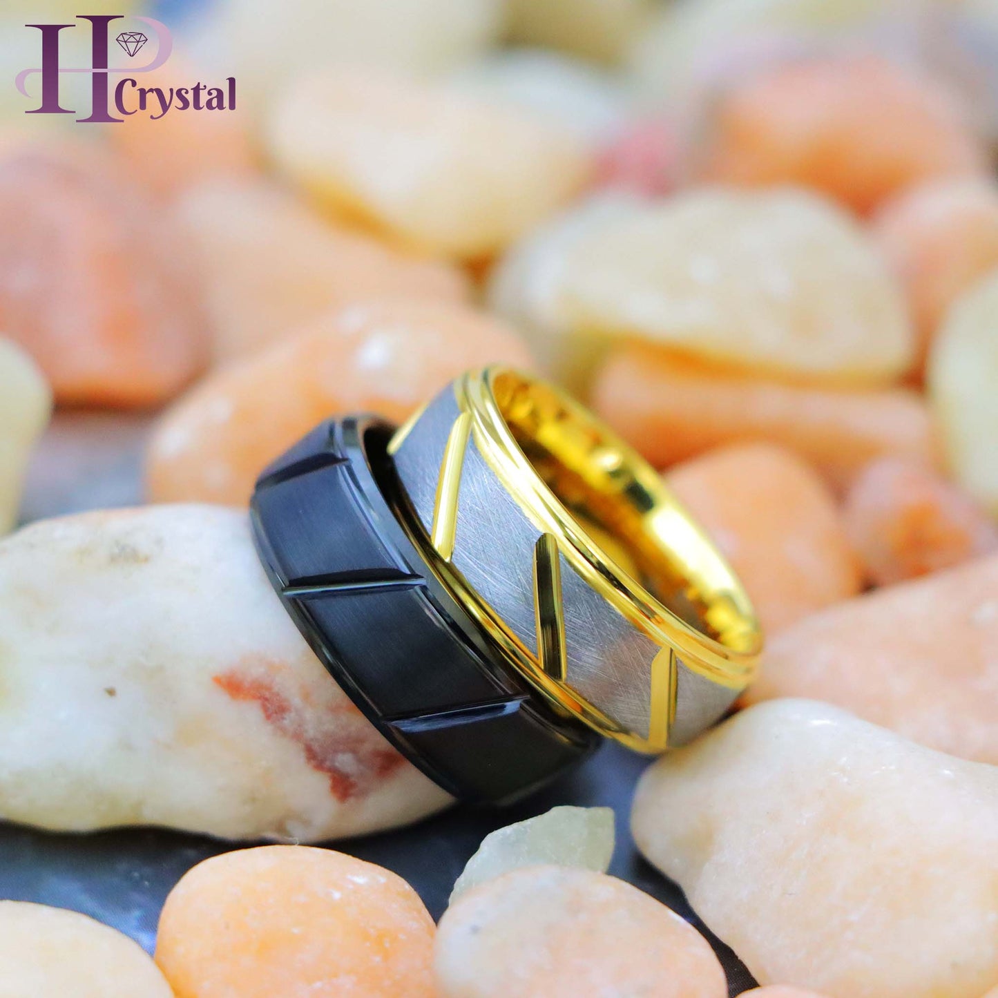 Black IP Plated Multiple Diagonal Grooves Brushed Center/Two-tone Gray & Yellow IP Plated Notched Tungsten Ring