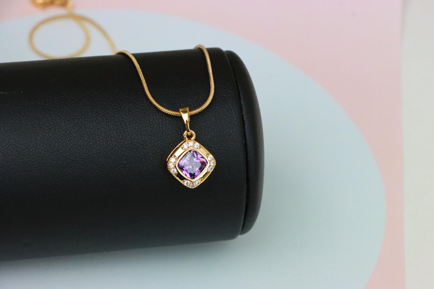Purple Cushion Stone Pendant in Gold Plated Brass with Crystal Halo, XPPT1770 (2152-7)