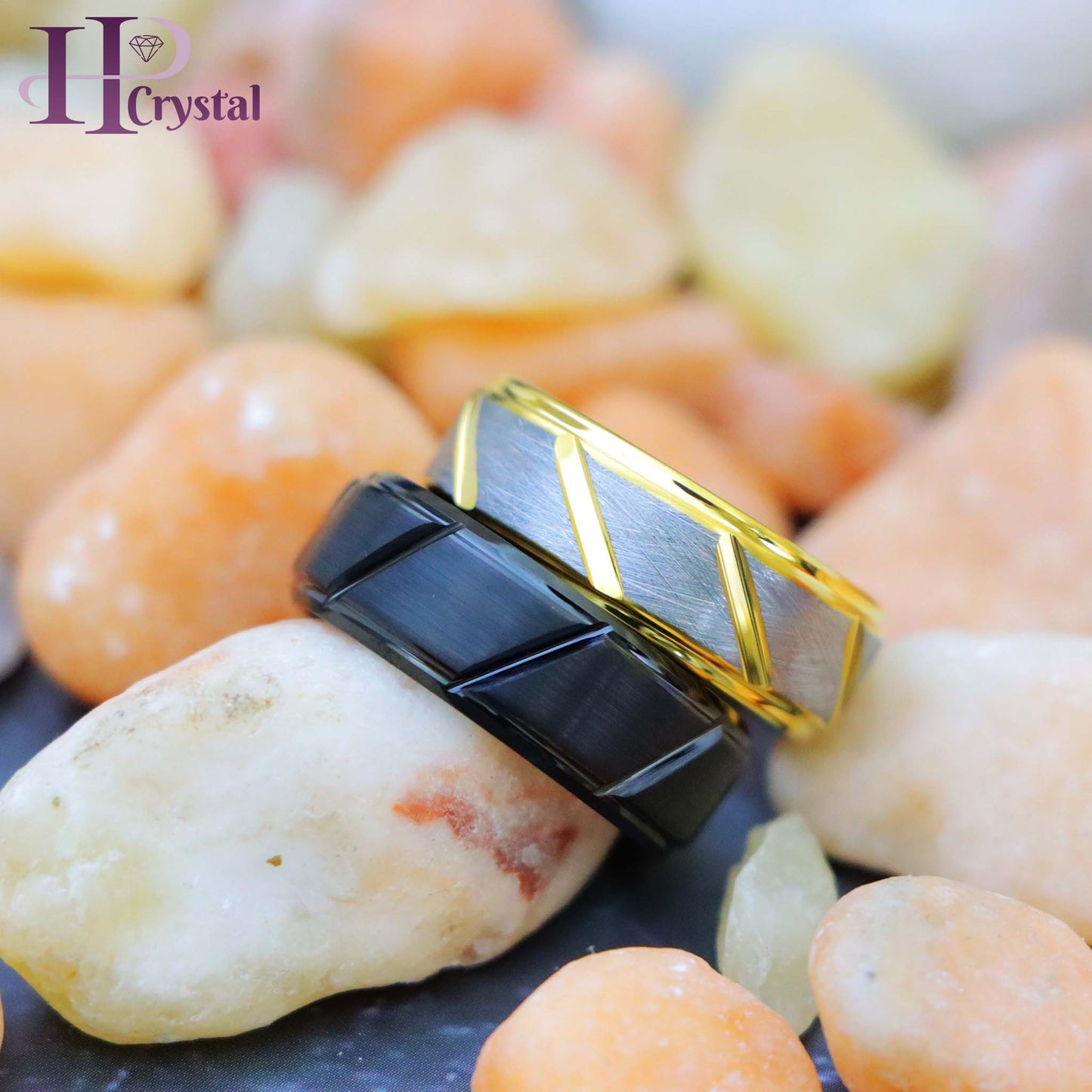 Black IP Plated Multiple Diagonal Grooves Brushed Center/Two-tone Gray & Yellow IP Plated Notched Tungsten Ring