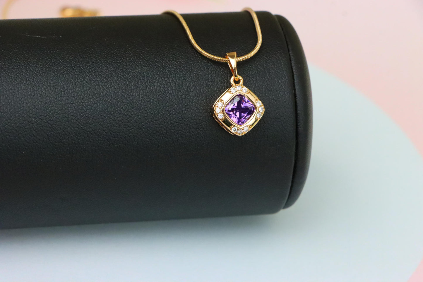 Purple Cushion Stone Pendant in Gold Plated Brass with Crystal Halo, XPPT1770 (2152-7)