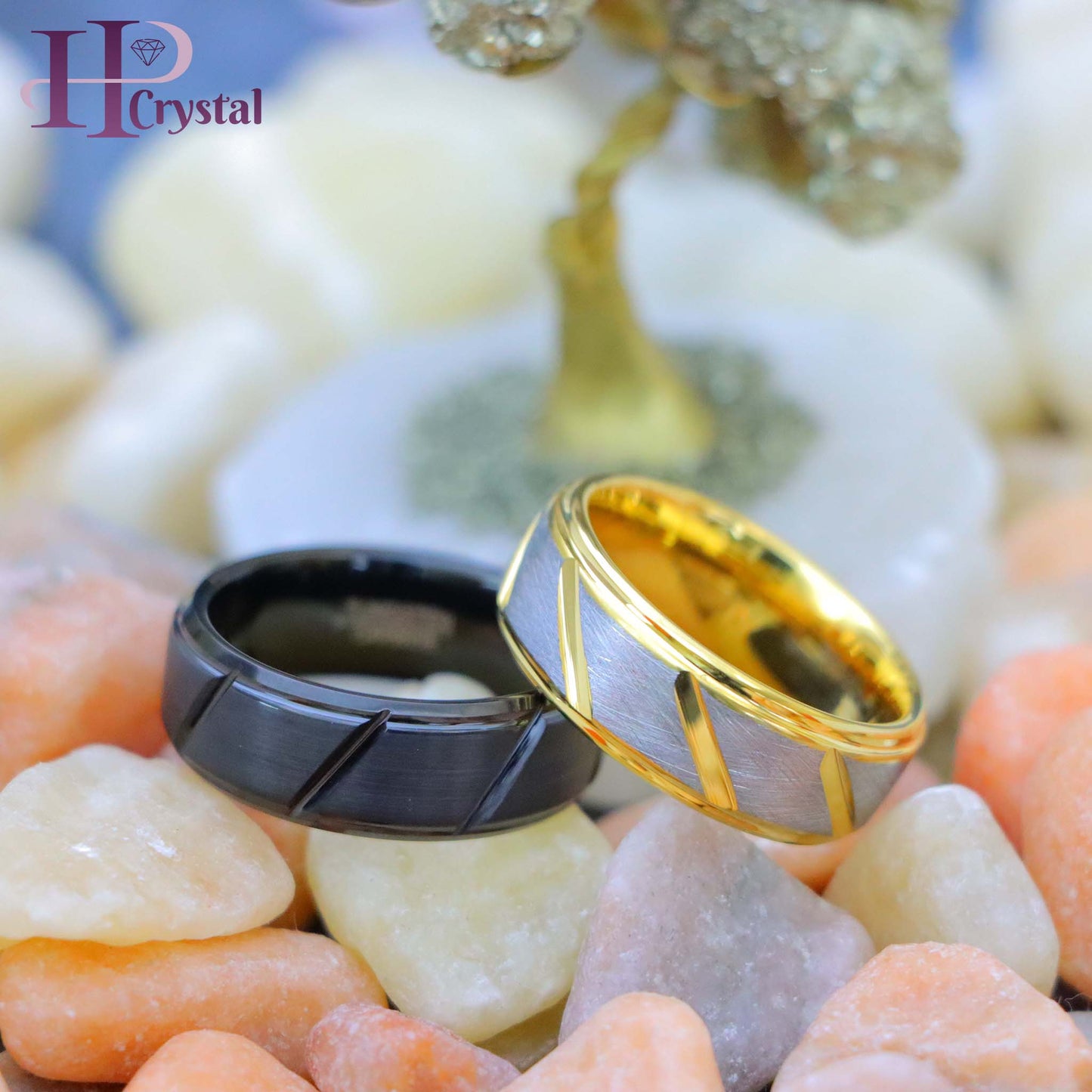 Black IP Plated Multiple Diagonal Grooves Brushed Center/Two-tone Gray & Yellow IP Plated Notched Tungsten Ring