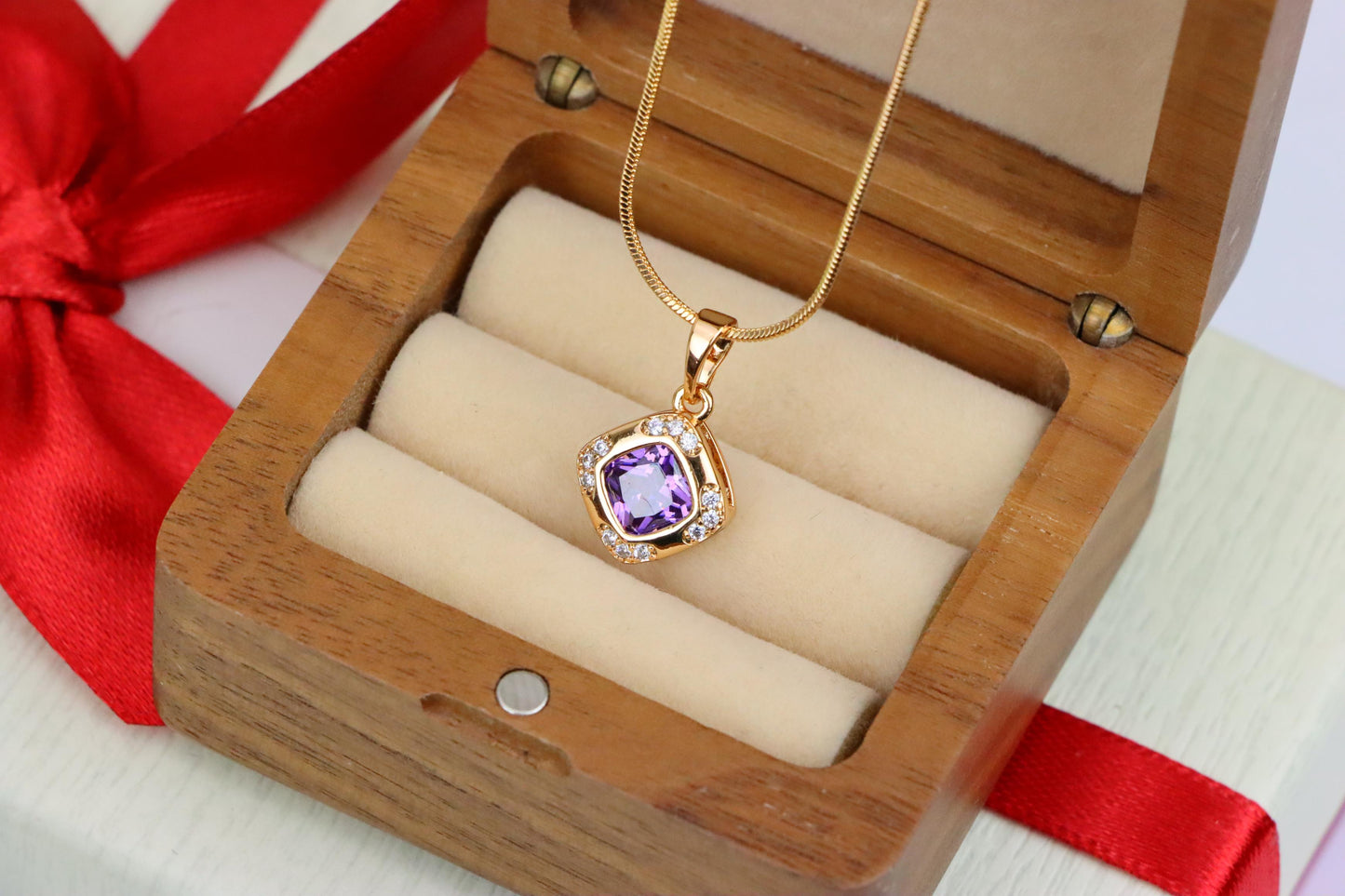 Purple Cushion Stone Pendant in Gold Plated Brass with Crystal Halo, XPPT1770 (2152-7)