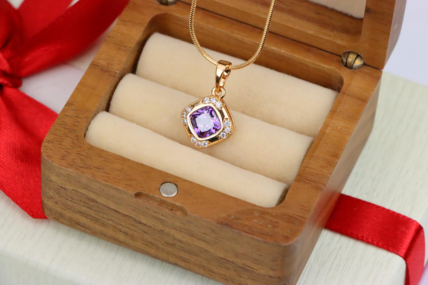 Purple Cushion Stone Pendant in Gold Plated Brass with Crystal Halo, XPPT1770 (2152-7)