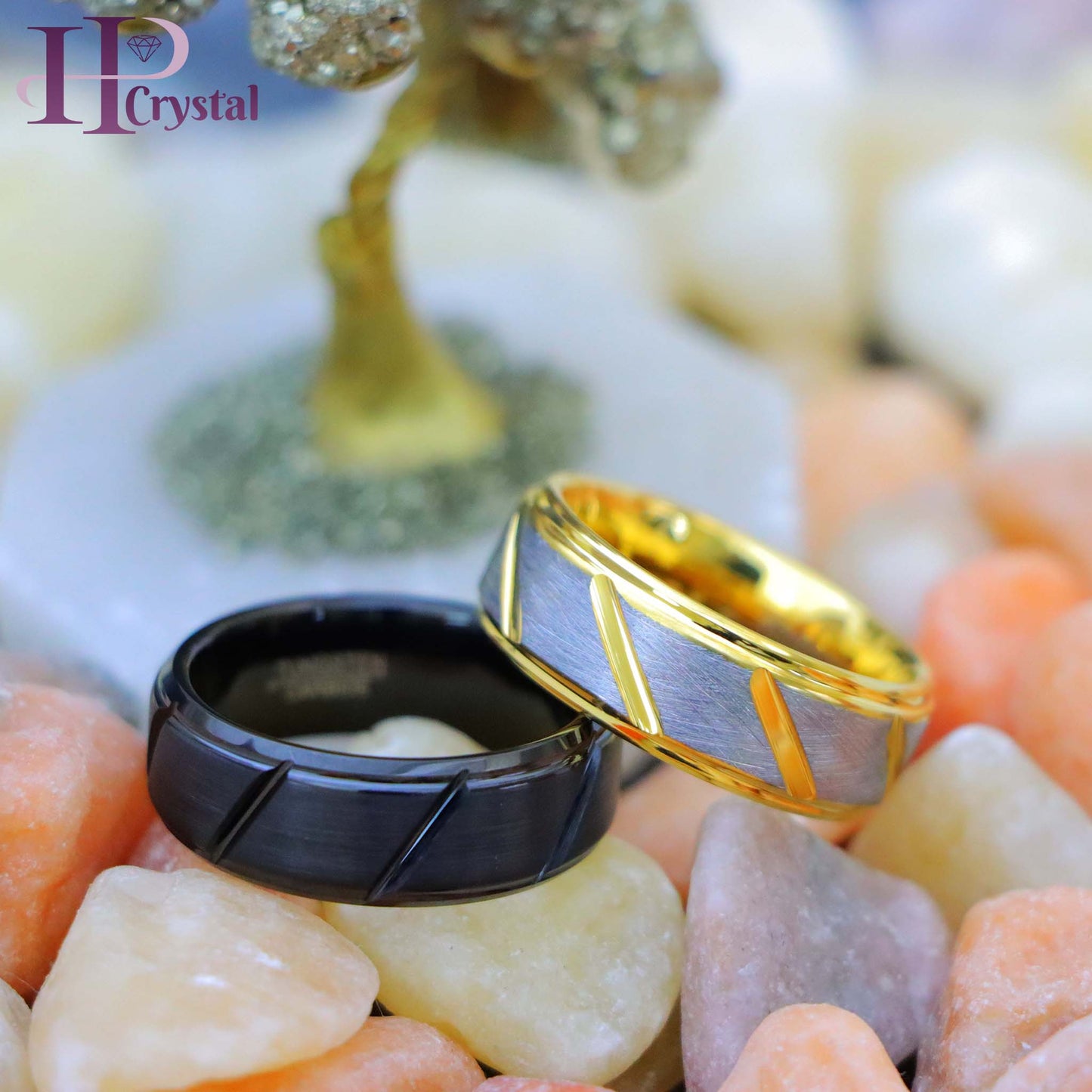 Black IP Plated Multiple Diagonal Grooves Brushed Center/Two-tone Gray & Yellow IP Plated Notched Tungsten Ring