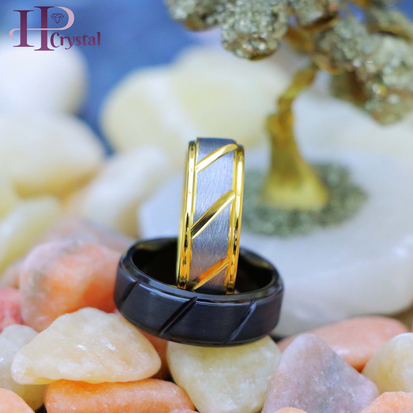 Black IP Plated Multiple Diagonal Grooves Brushed Center/Two-tone Gray & Yellow IP Plated Notched Tungsten Ring