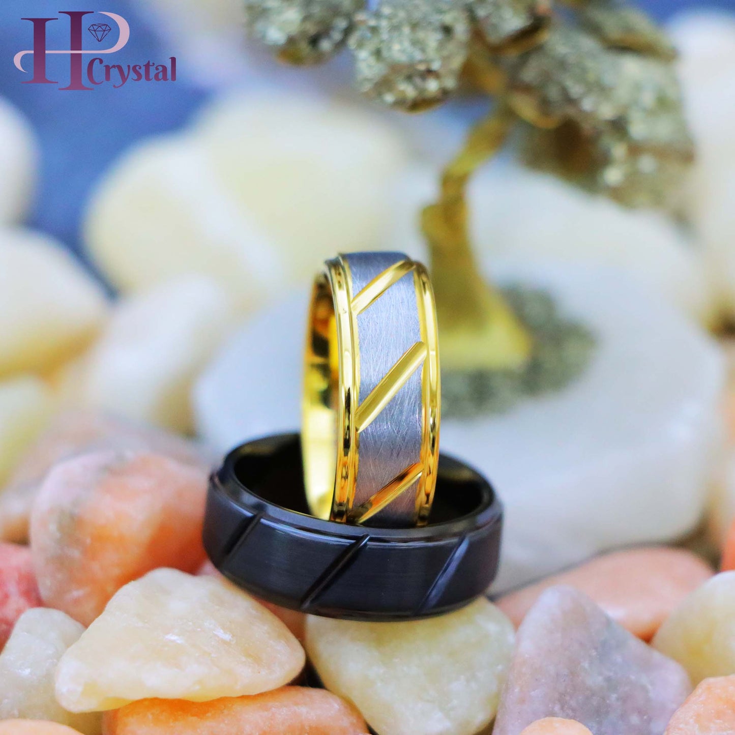 Black IP Plated Multiple Diagonal Grooves Brushed Center/Two-tone Gray & Yellow IP Plated Notched Tungsten Ring
