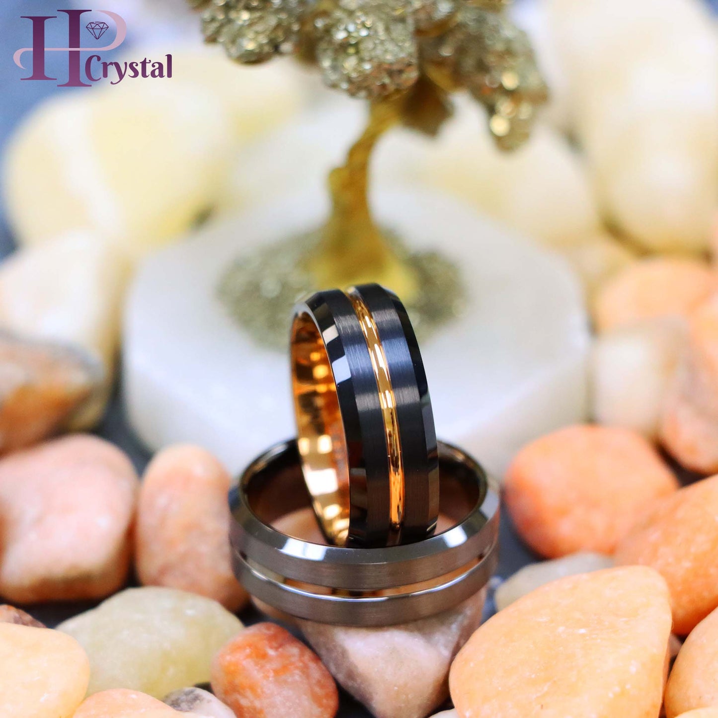 Black Ring Rose Gold Plated Inside & Grooved Center/Gun Metal IP Plated Grooved Tungsten Ring