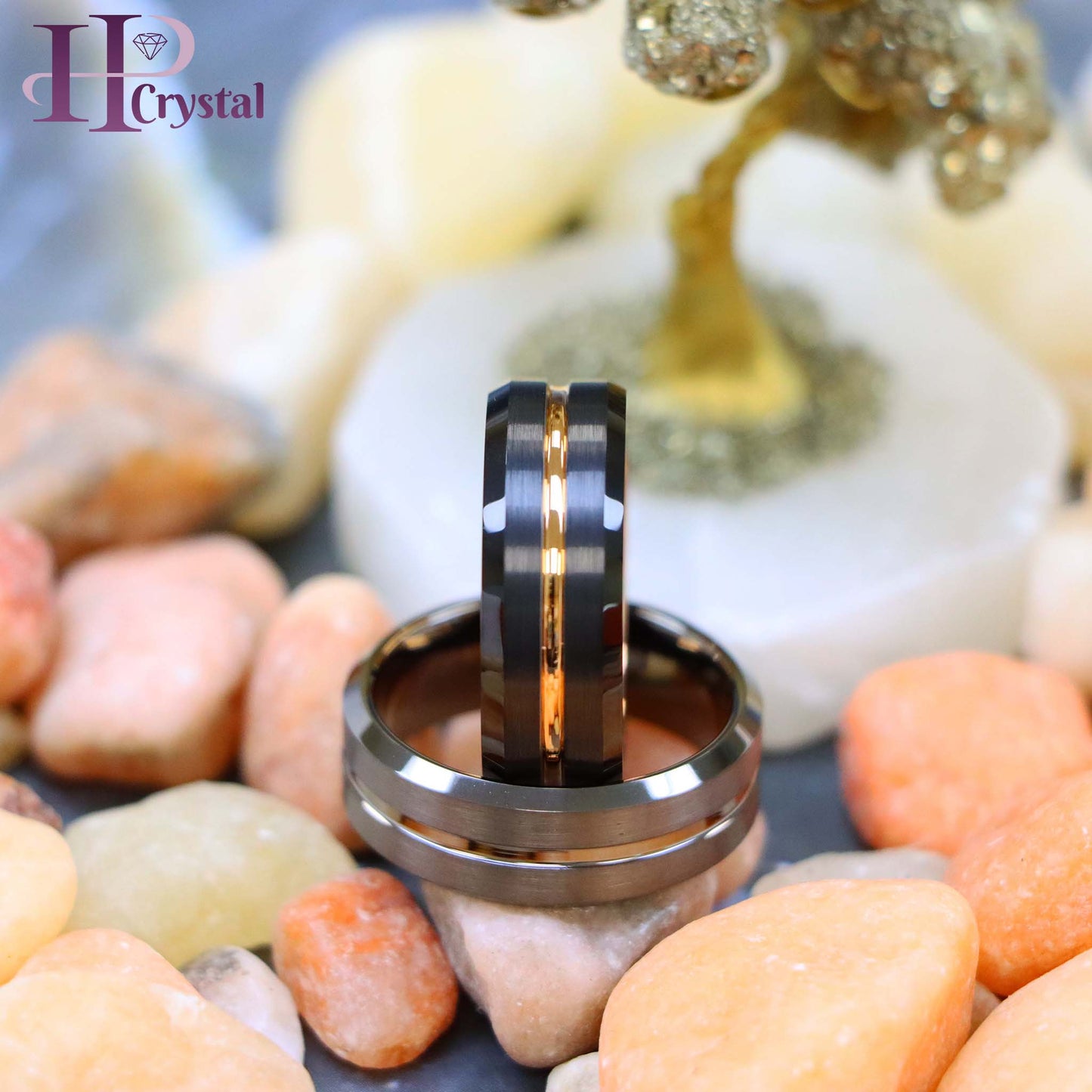 Black Ring Rose Gold Plated Inside & Grooved Center/Gun Metal IP Plated Grooved Tungsten Ring