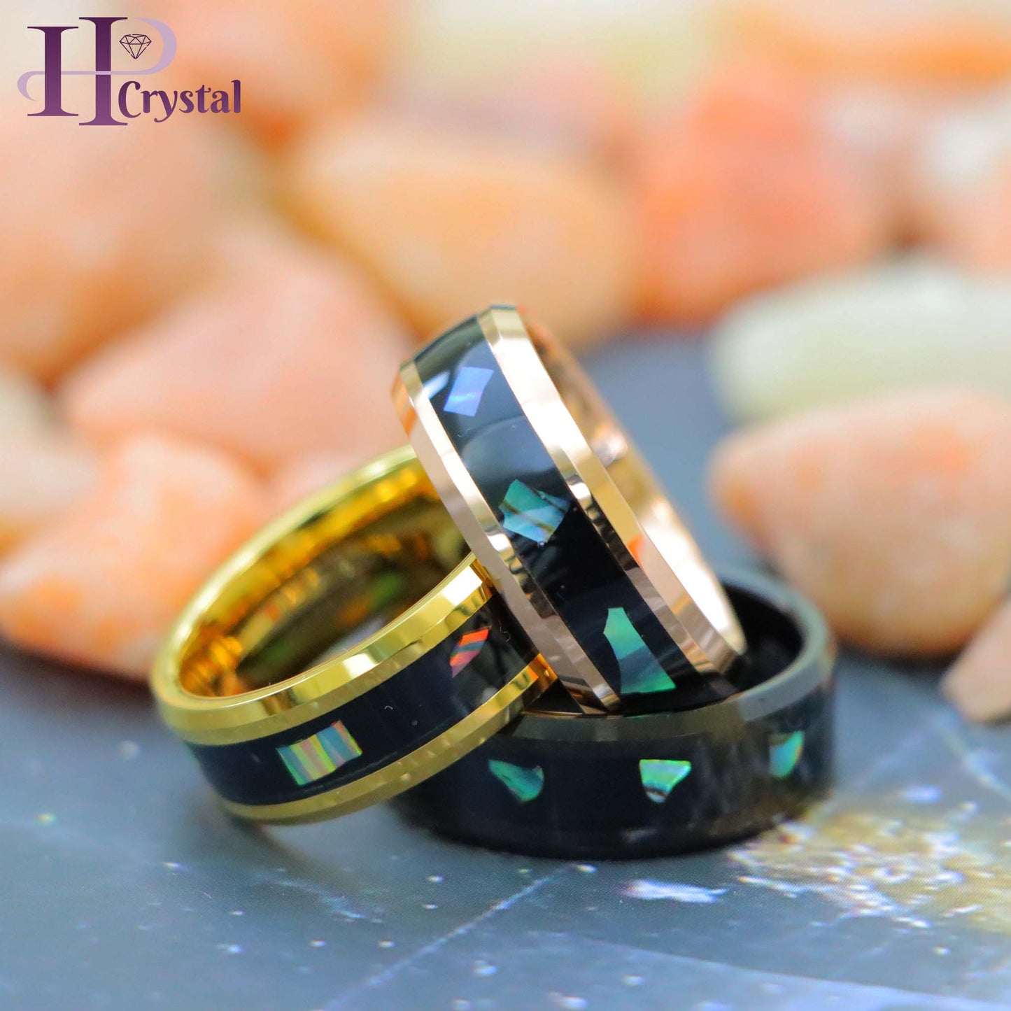 Yellow Gold IP/Black IP/Rose Gold IP Plated Abalone Shell Fragments Inlay Tungsten Ring