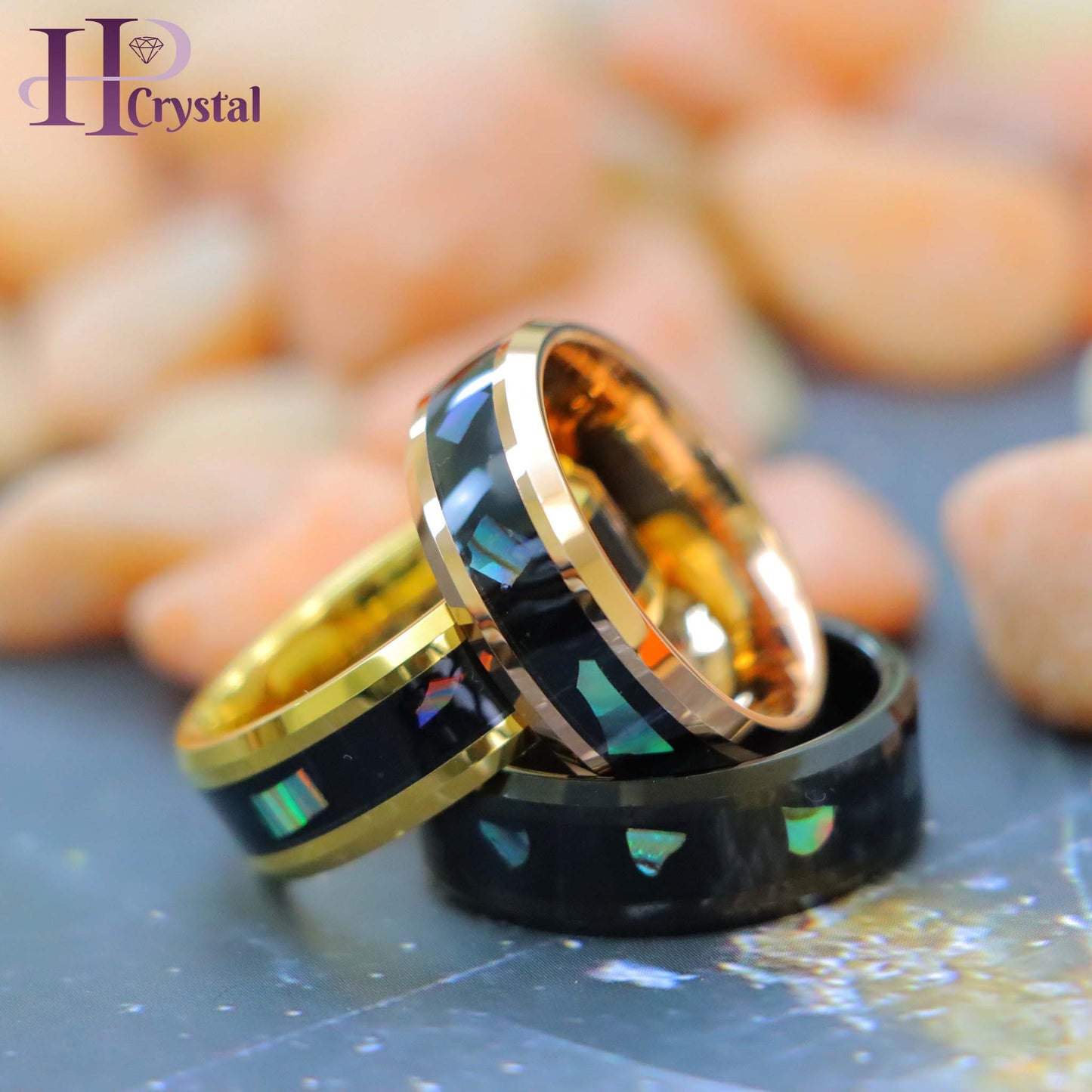 Yellow Gold IP/Black IP/Rose Gold IP Plated Abalone Shell Fragments Inlay Tungsten Ring