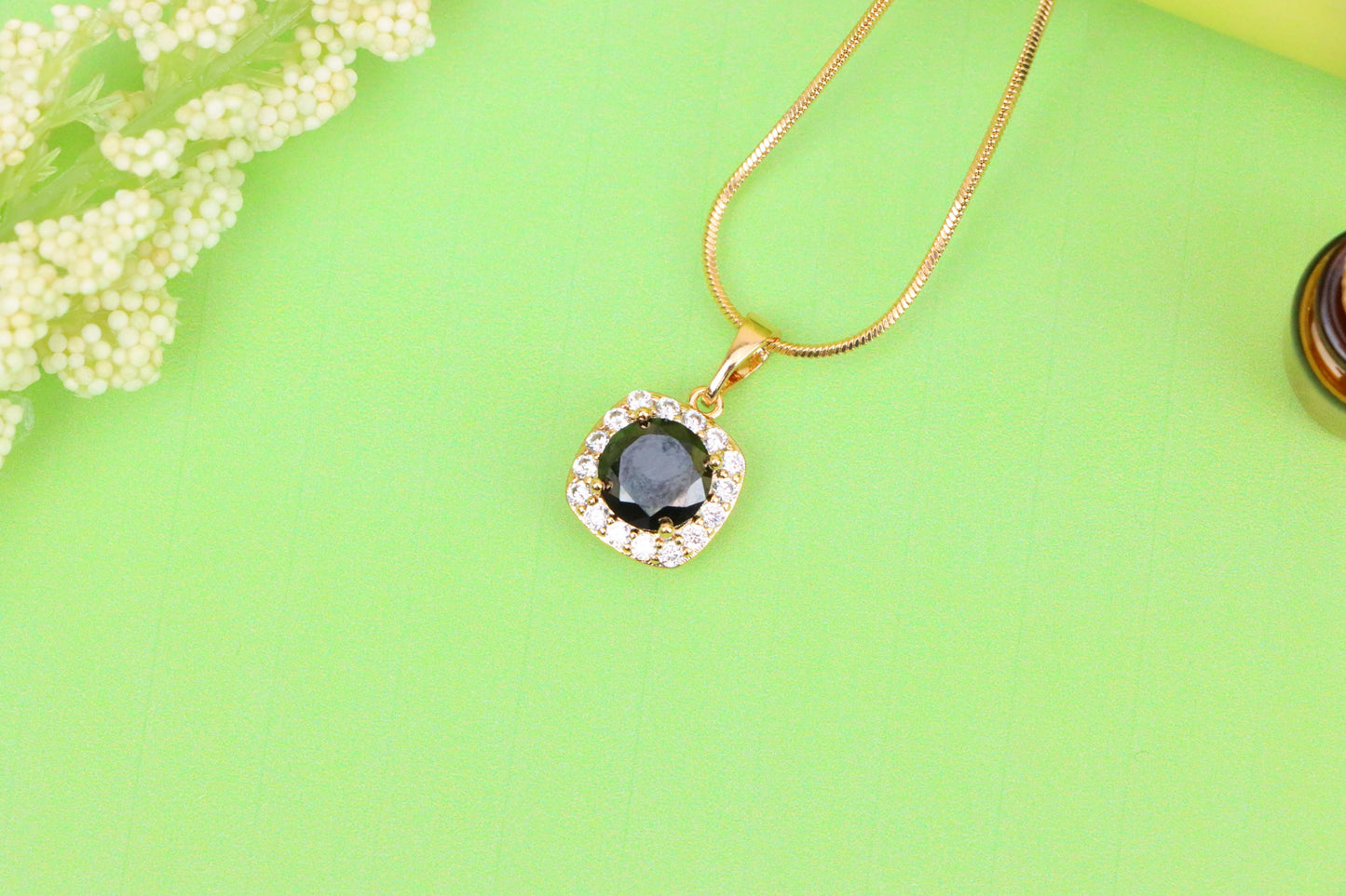 Black Round Stone Pendant in Gold Plated Brass with Crystal Halo, XPPT1771 (2152-8)