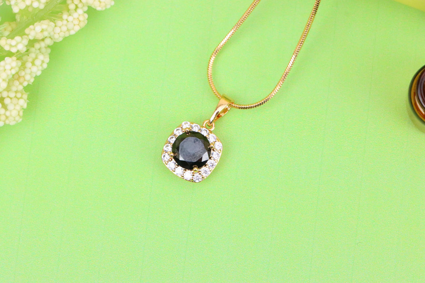 Black Round Stone Pendant in Gold Plated Brass with Crystal Halo, XPPT1771 (2152-8)