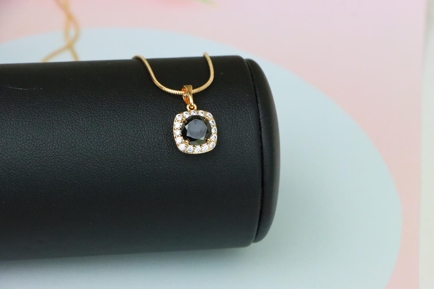 Black Round Stone Pendant in Gold Plated Brass with Crystal Halo, XPPT1771 (2152-8)