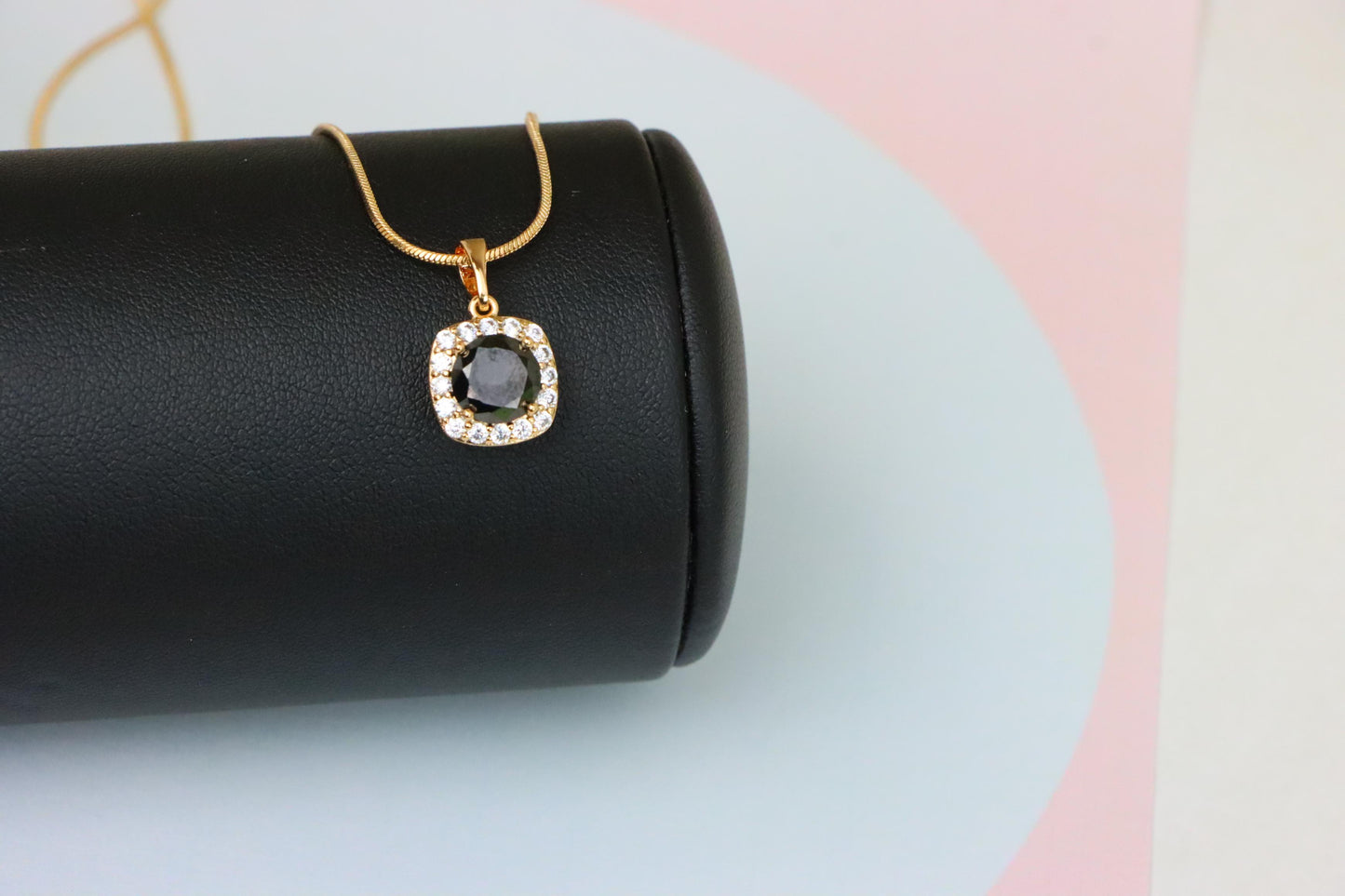 Black Round Stone Pendant in Gold Plated Brass with Crystal Halo, XPPT1771 (2152-8)