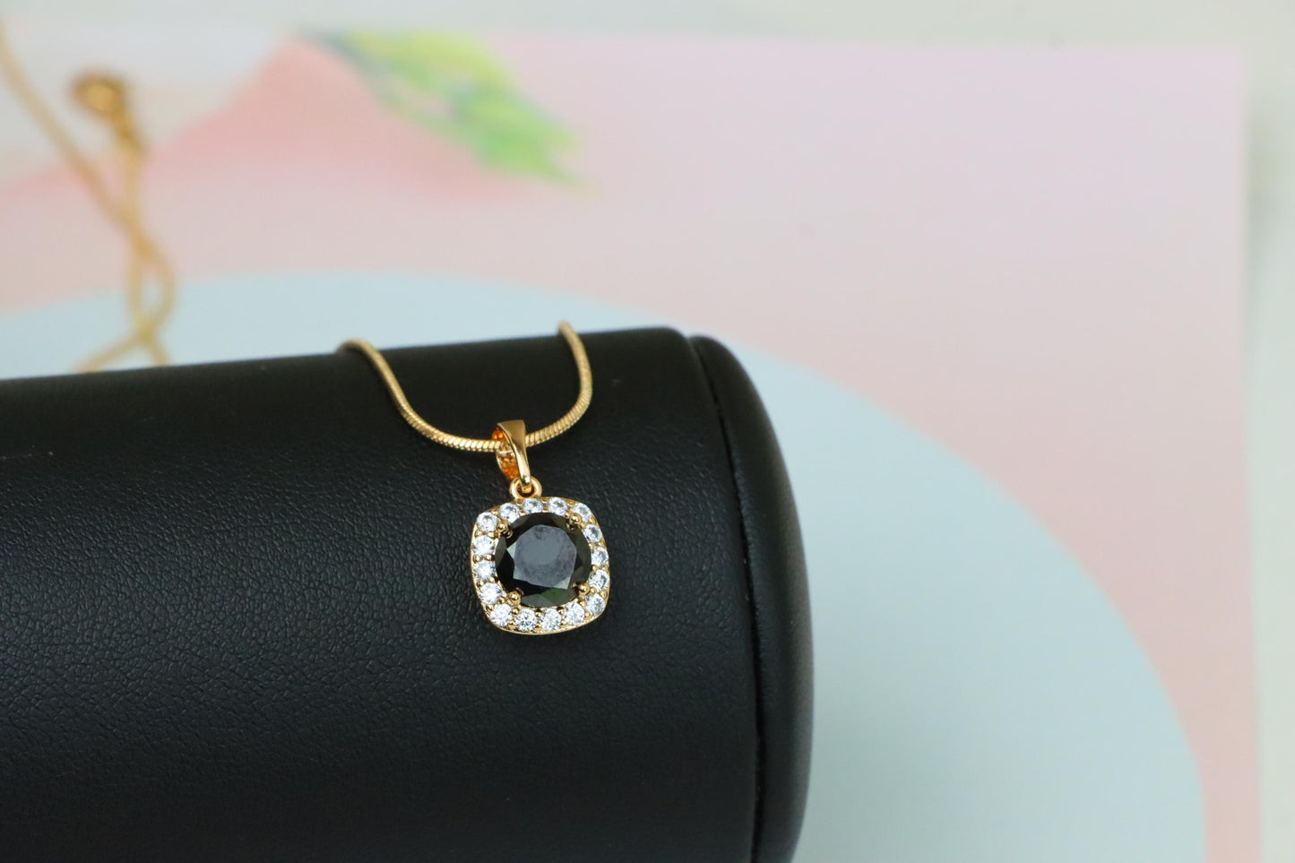 Black Round Stone Pendant in Gold Plated Brass with Crystal Halo, XPPT1771 (2152-8)