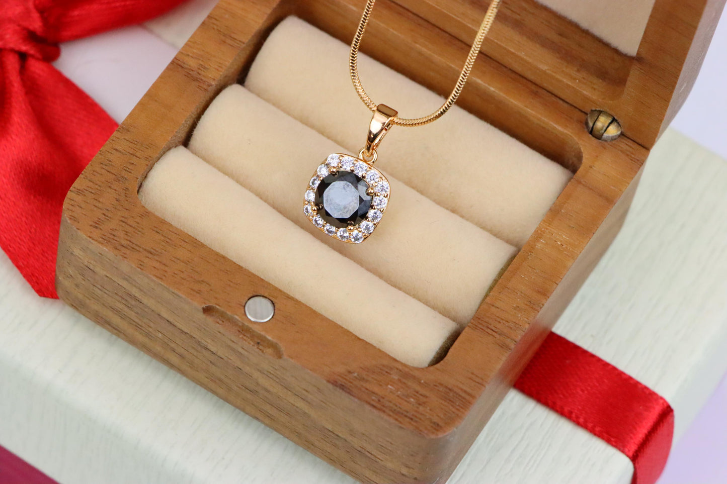Black Round Stone Pendant in Gold Plated Brass with Crystal Halo, XPPT1771 (2152-8)
