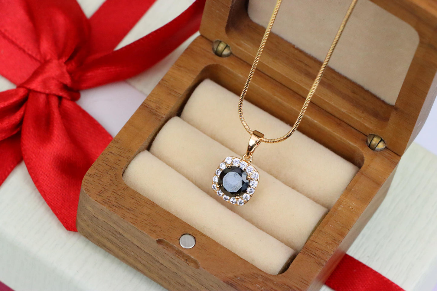 Black Round Stone Pendant in Gold Plated Brass with Crystal Halo, XPPT1771 (2152-8)