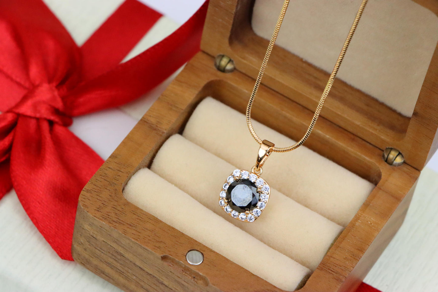 Black Round Stone Pendant in Gold Plated Brass with Crystal Halo, XPPT1771 (2152-8)