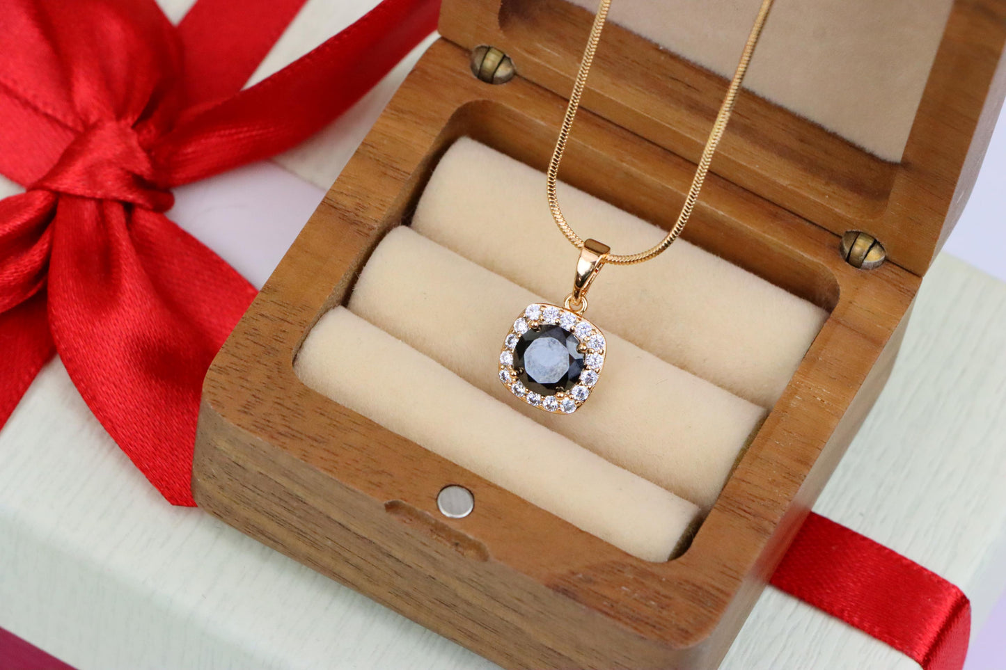 Black Round Stone Pendant in Gold Plated Brass with Crystal Halo, XPPT1771 (2152-8)