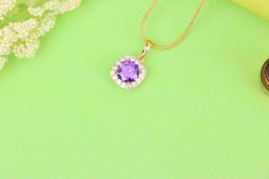 Purple Round Stone Pendant in Gold Plated Brass with Crystal Halo, XPPT1772 (2152-8)