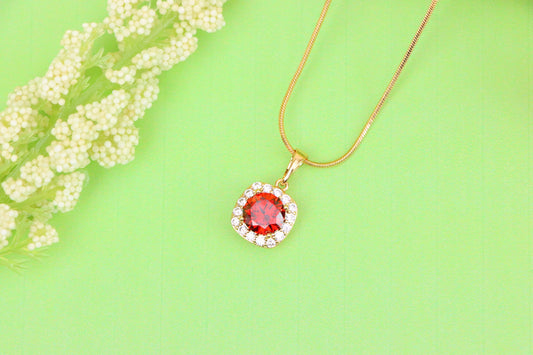 Red Round Stone Pendant in Gold Plated Brass with Crystal Halo, XPPT1773 (2152-8)