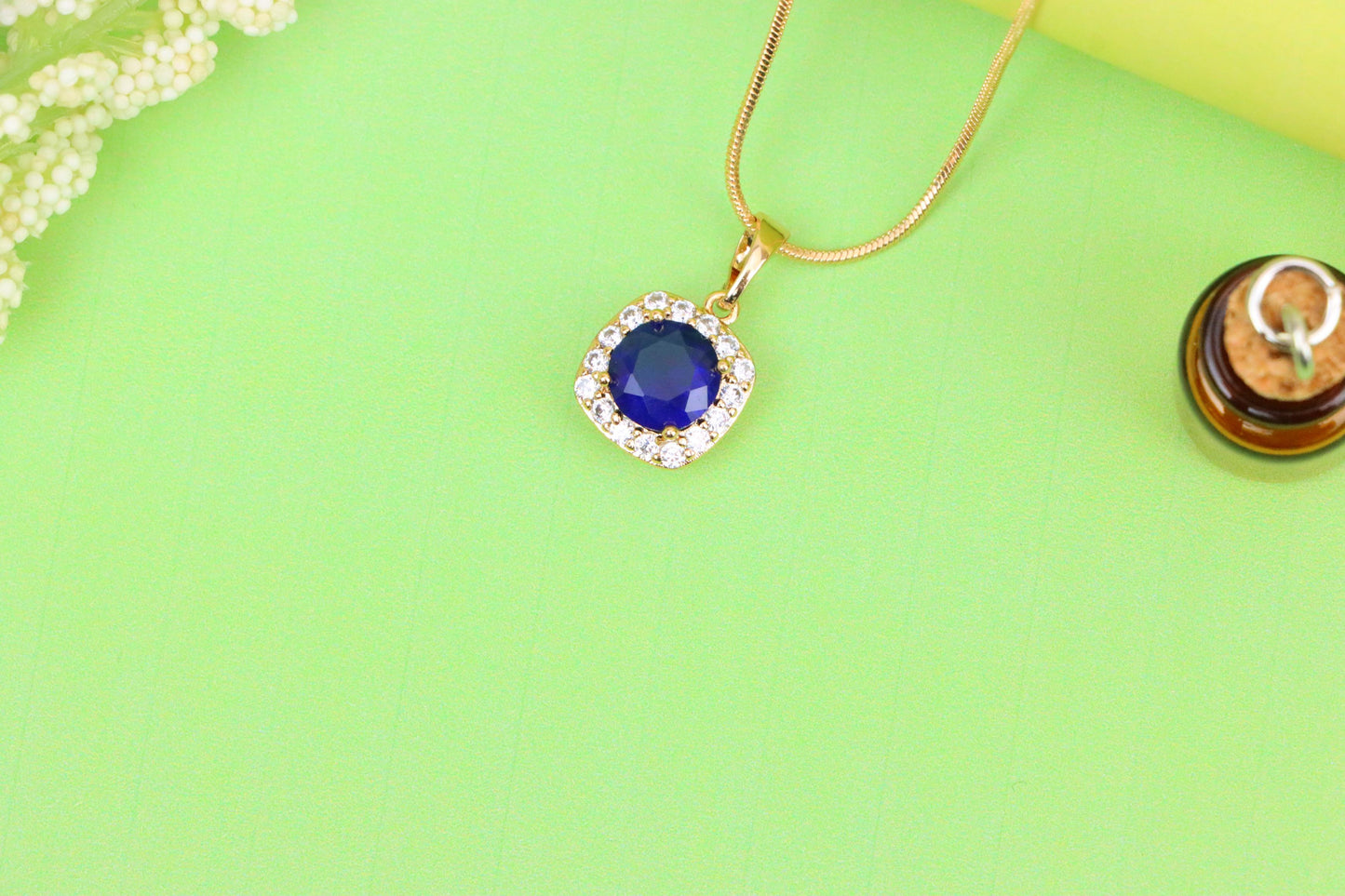Blue Round Stone Pendant in Gold Plated Brass with Crystal Accents, XPPT1774 (2152-8)