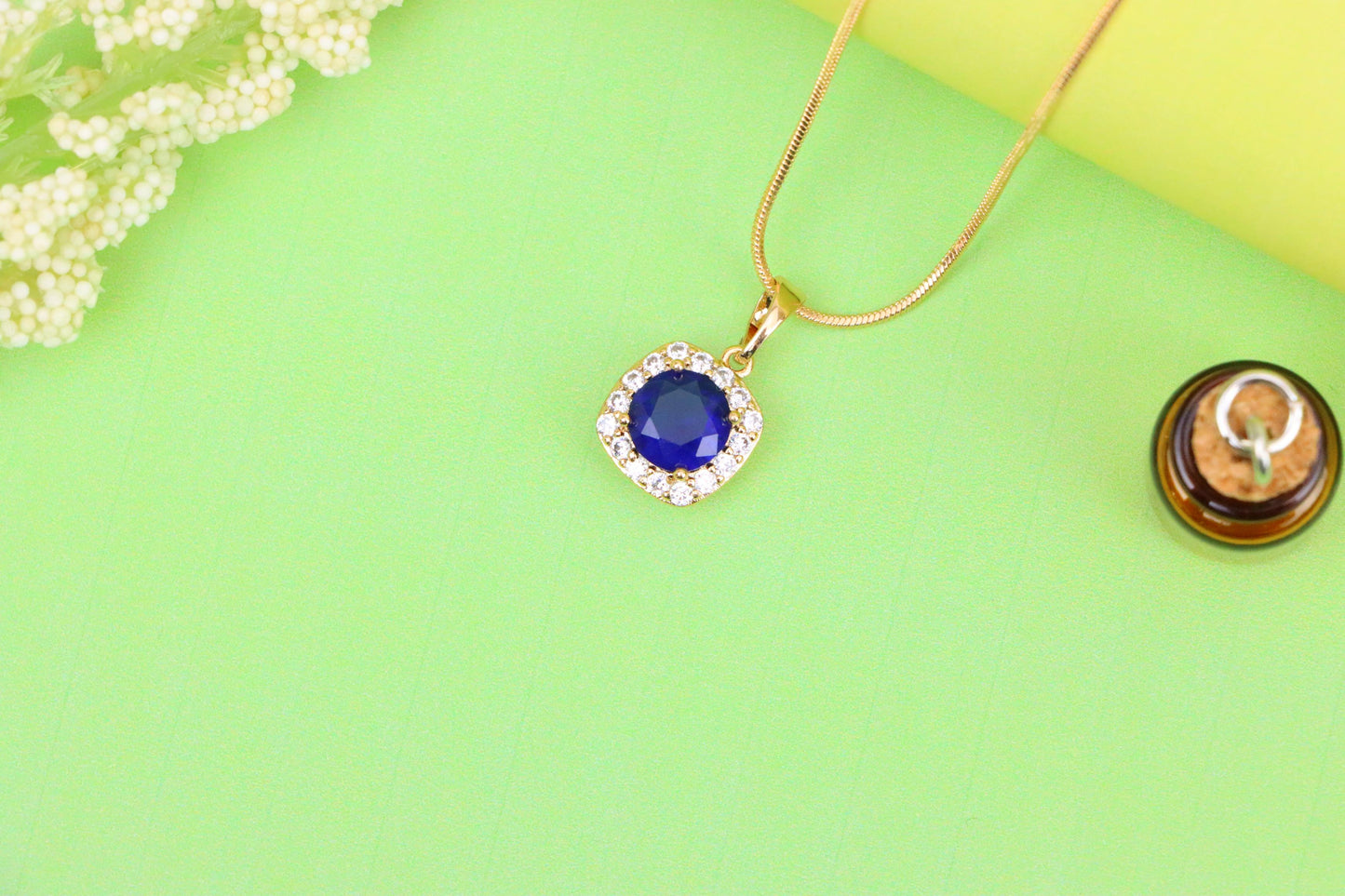 Blue Round Stone Pendant in Gold Plated Brass with Crystal Accents, XPPT1774 (2152-8)