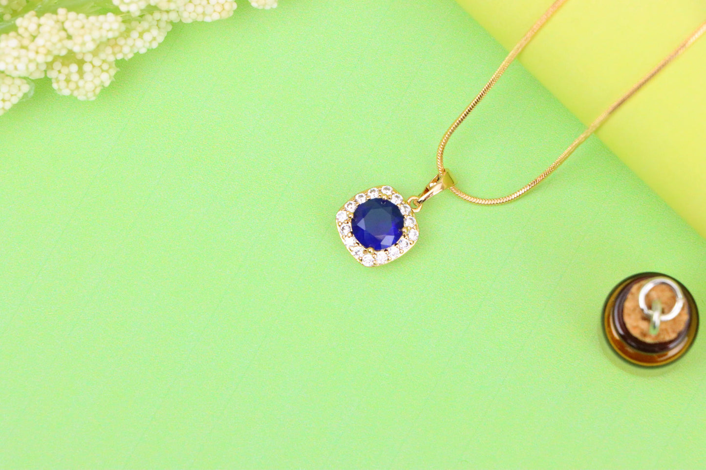 Blue Round Stone Pendant in Gold Plated Brass with Crystal Accents, XPPT1774 (2152-8)