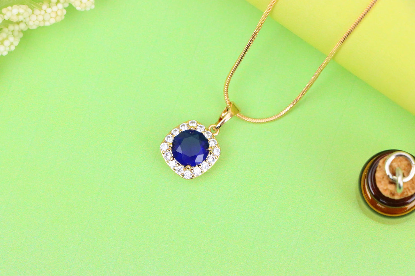 Blue Round Stone Pendant in Gold Plated Brass with Crystal Accents, XPPT1774 (2152-8)