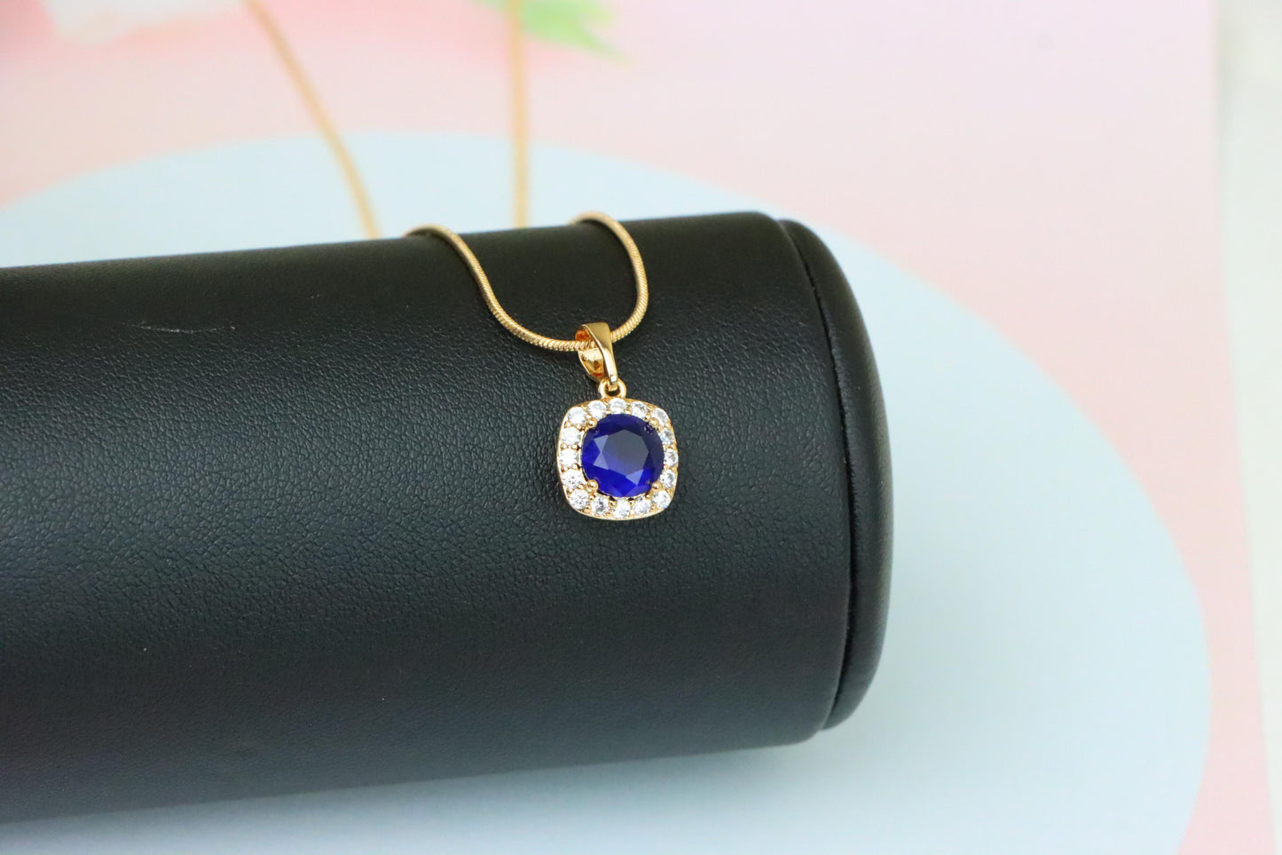 Blue Round Stone Pendant in Gold Plated Brass with Crystal Accents, XPPT1774 (2152-8)