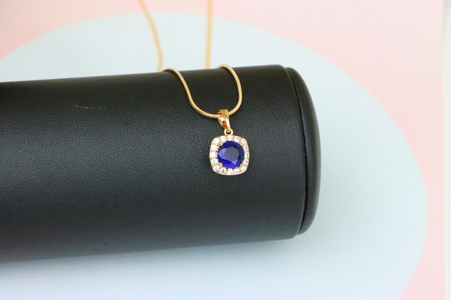 Blue Round Stone Pendant in Gold Plated Brass with Crystal Accents, XPPT1774 (2152-8)