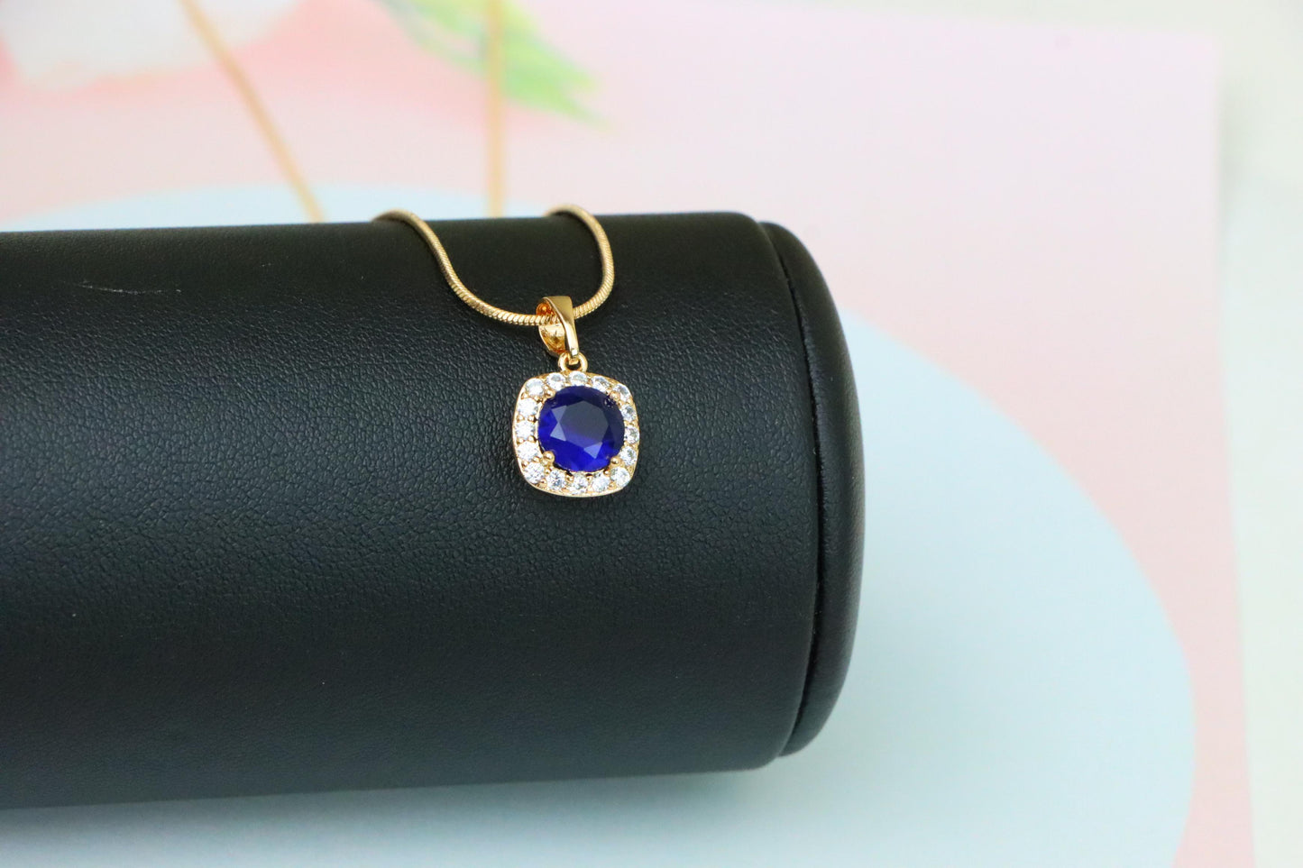 Blue Round Stone Pendant in Gold Plated Brass with Crystal Accents, XPPT1774 (2152-8)