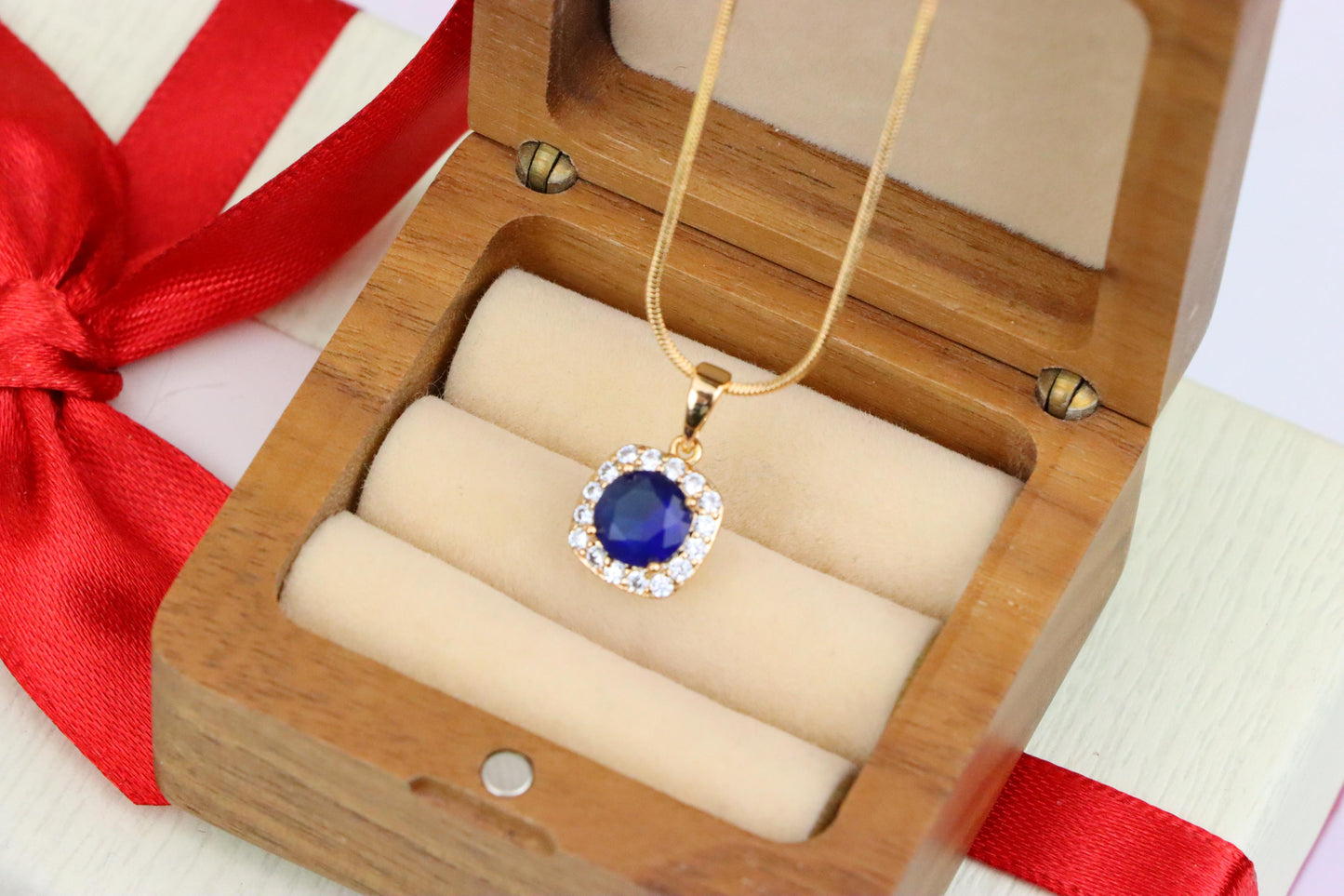 Blue Round Stone Pendant in Gold Plated Brass with Crystal Accents, XPPT1774 (2152-8)