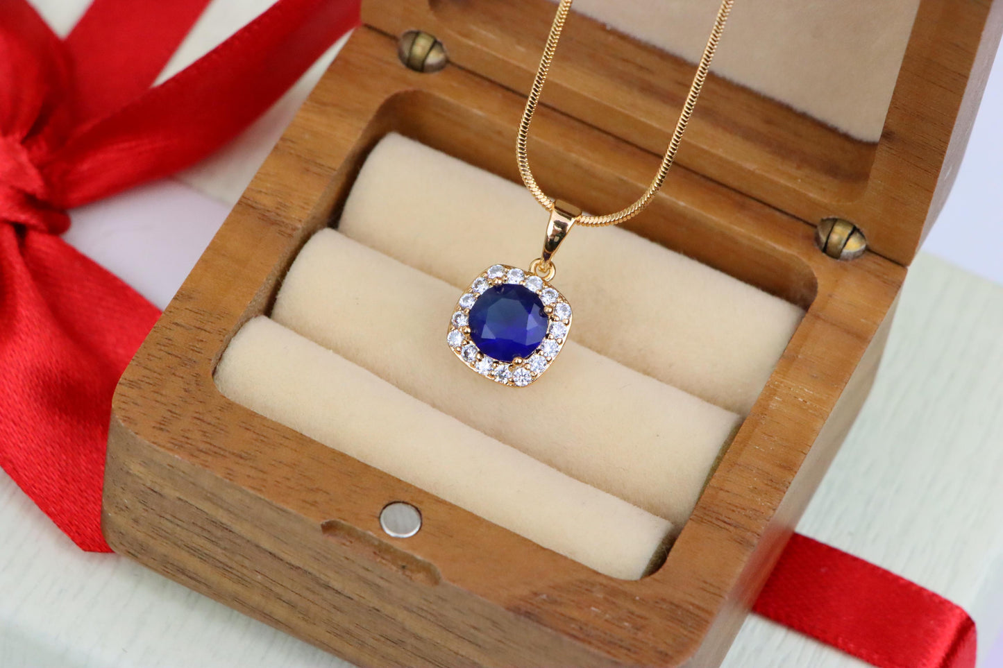 Blue Round Stone Pendant in Gold Plated Brass with Crystal Accents, XPPT1774 (2152-8)