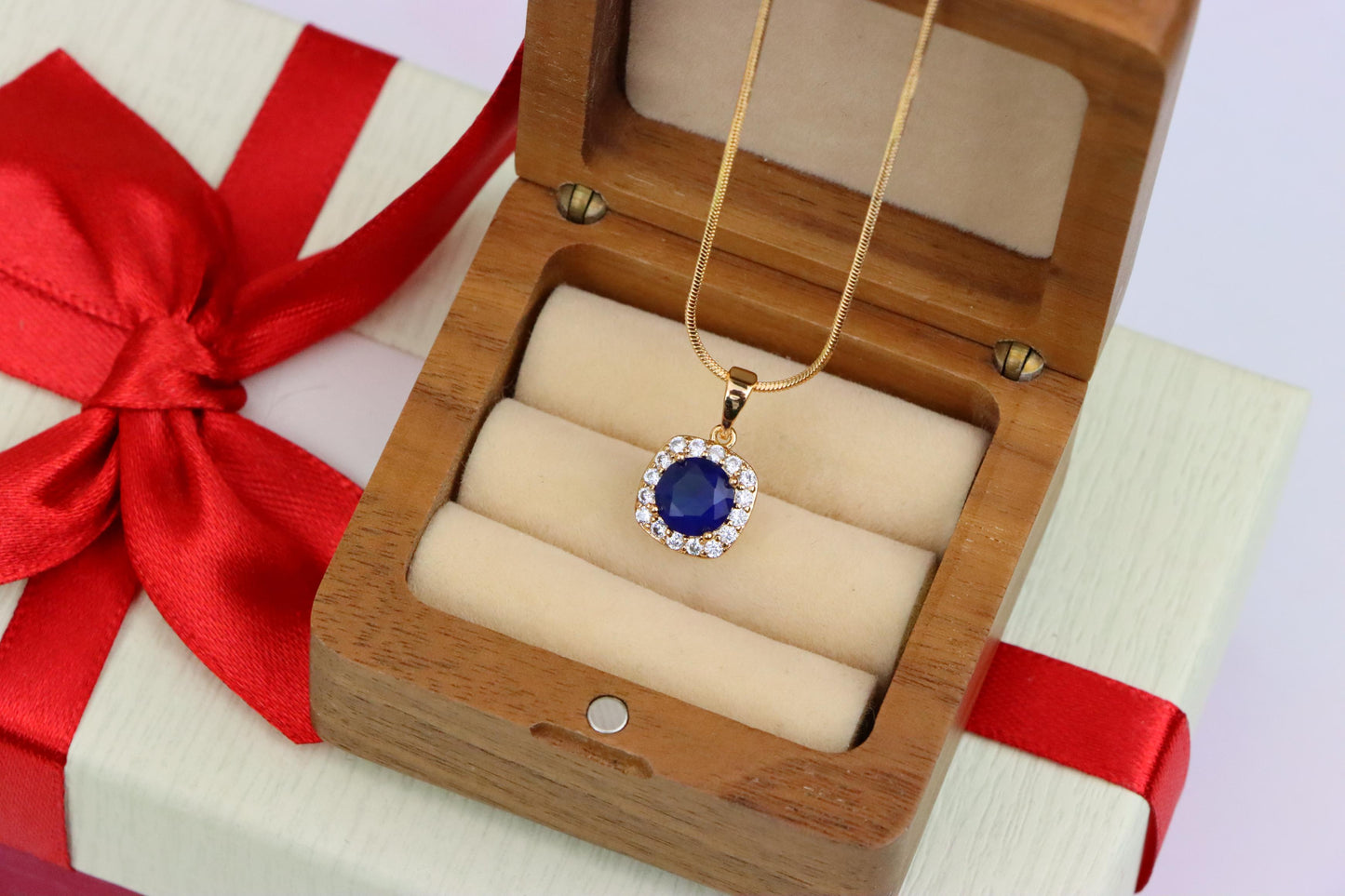 Blue Round Stone Pendant in Gold Plated Brass with Crystal Accents, XPPT1774 (2152-8)
