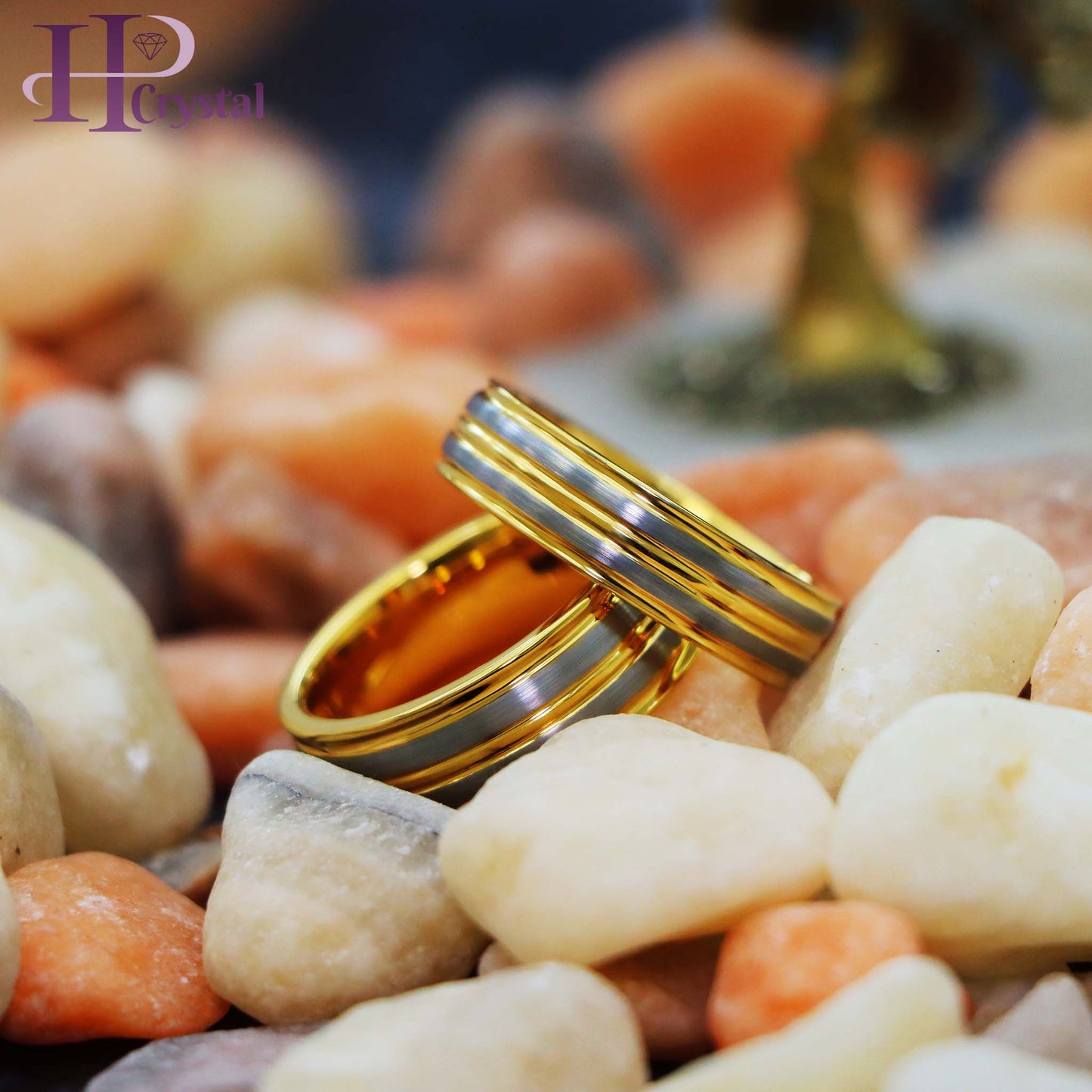 Yellow Gold IP Plated Pinstripe & Gun Metal Finish Low Beveled Edge Tungsten Ring (MARET1042)