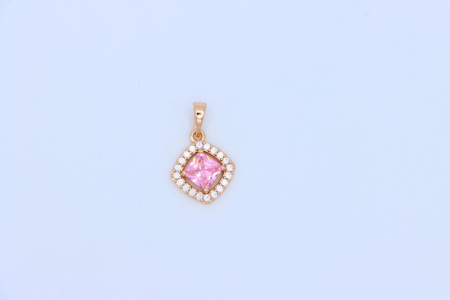Pink Princess-Cut Pendant in Gold Plated Brass with Sparkling Halo, XPPT1789 (2153-1)