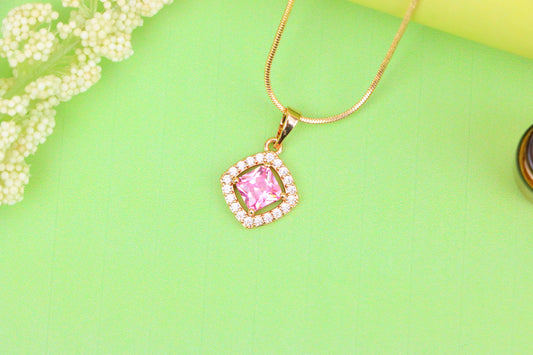 Pink Princess-Cut Pendant in Gold Plated Brass with Sparkling Halo, XPPT1789 (2153-1)